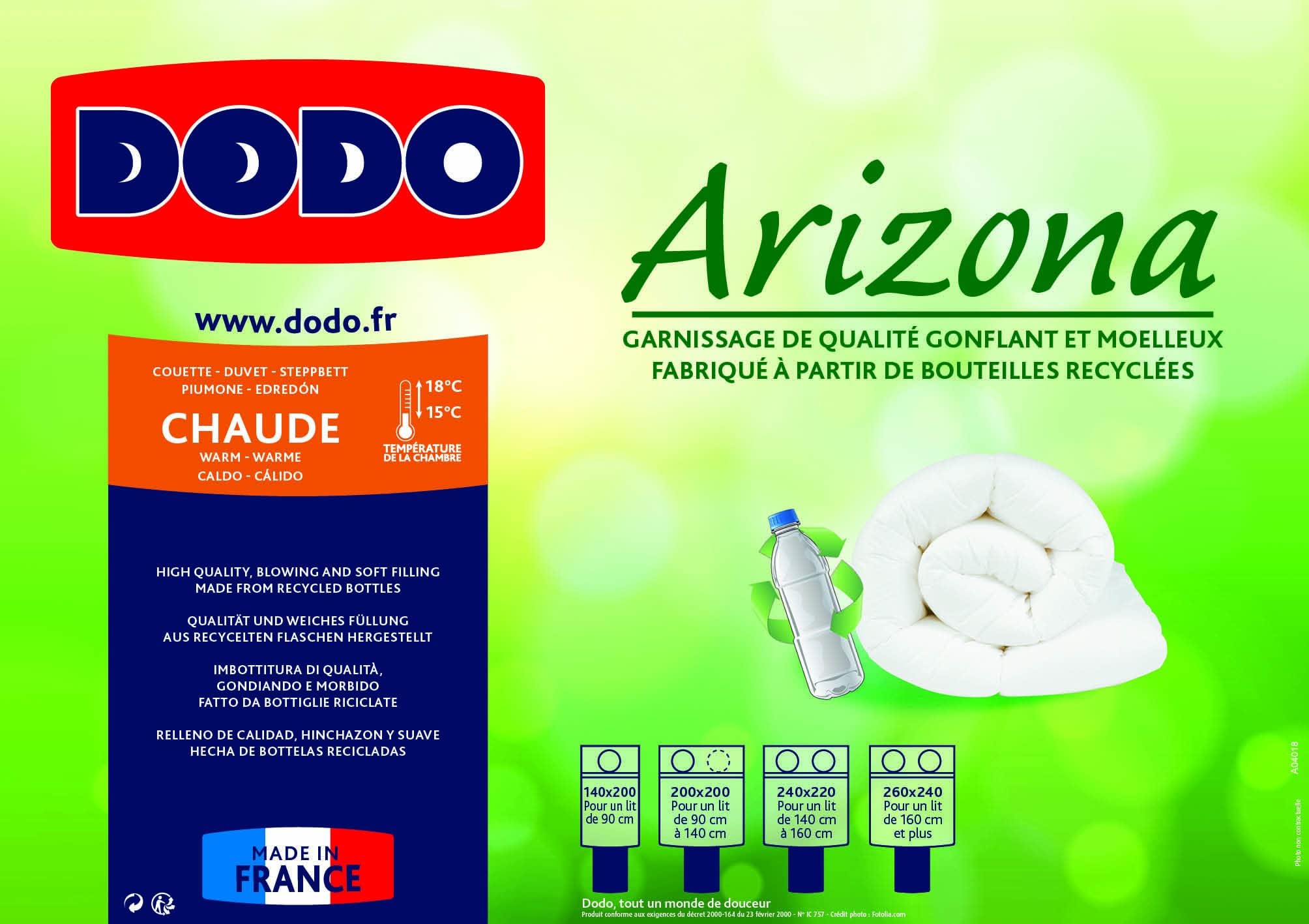 DODO - Couette Chaude Arizona 200x200 cm - Convient 1-2 Personnes - Ultra Douce et Gonflante - Tissu 100% Polyester - Garnissage Synthétique 100% Polyester Fibre Volupt'Air - Lavable en Machine à 40°C