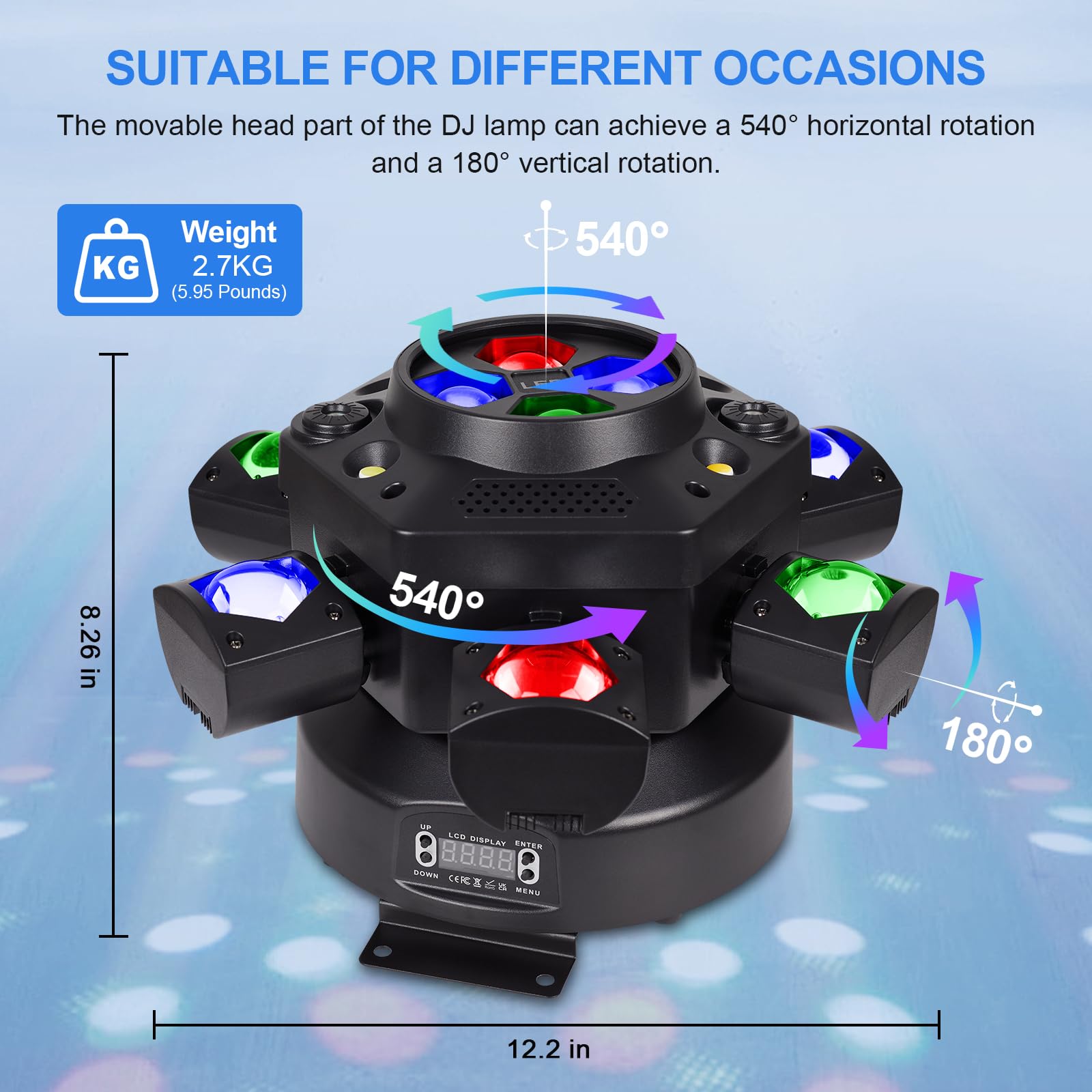 Luci per DJ a testa mobile, 150 W RGBW LED luci a testa mobile, 6 braccia luce per feste, luce effetto occhi d'api, luce rossa verde stellata, stroboscopica bianca e ambra, supporto DMX-512 e
