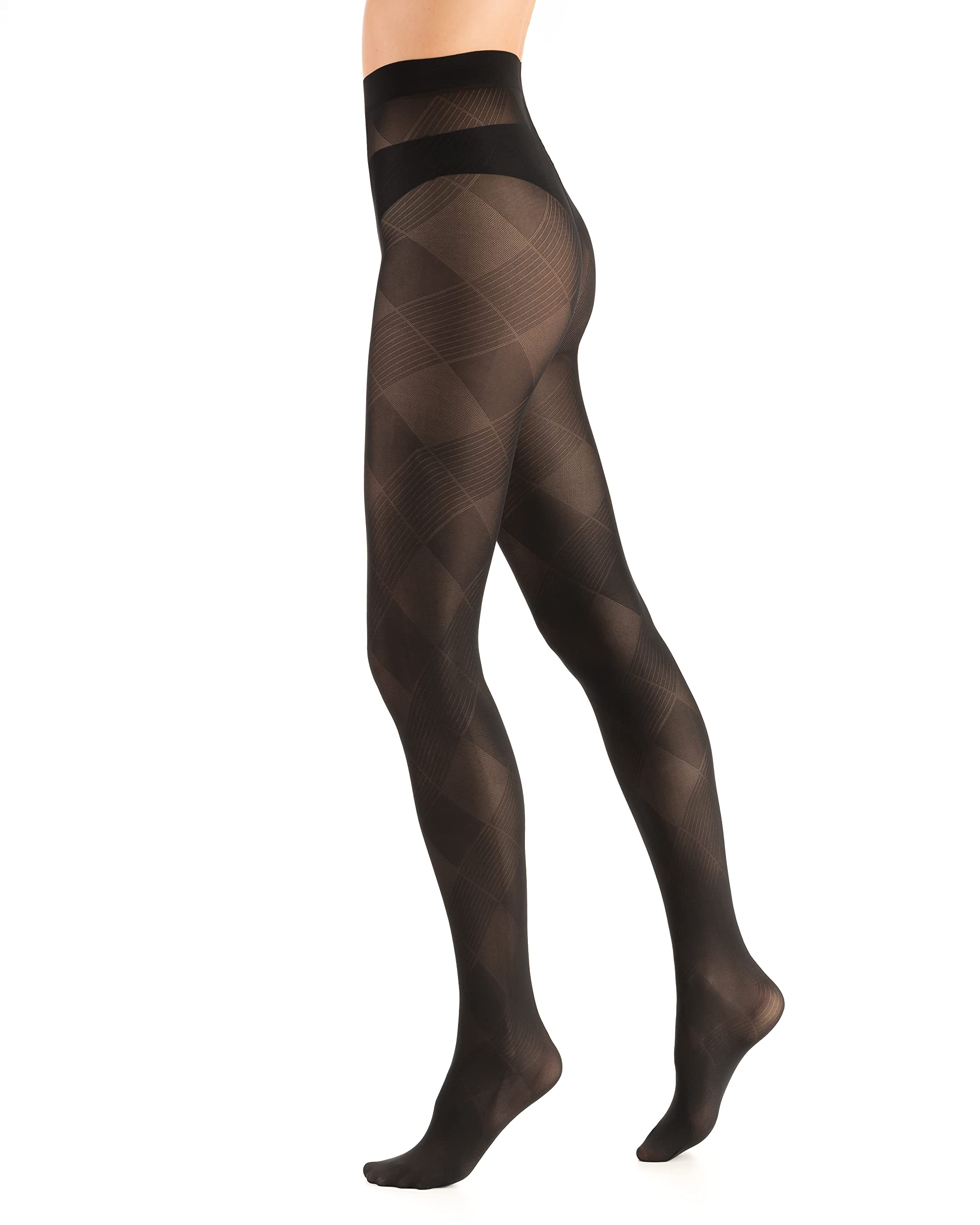 Ovissa Women's Pattern 2 Black Patterned Thick Tights Opaque Fishnet Mesh Stretchy Pantyhose Matt Elastic Sheer Hosier Diamonds Sensual Shiny Stockings 60 Denier Made In Italy, Sizes S-L
