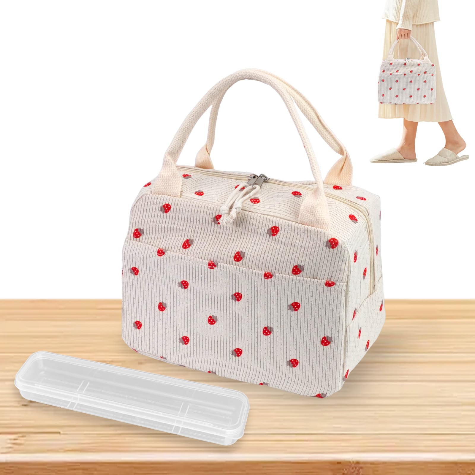 Strawberry Lunch Box for Women Girls Beige Corduroy Insulated Lunch Bag with Travel Utensil Case Cute Reusable Cooler