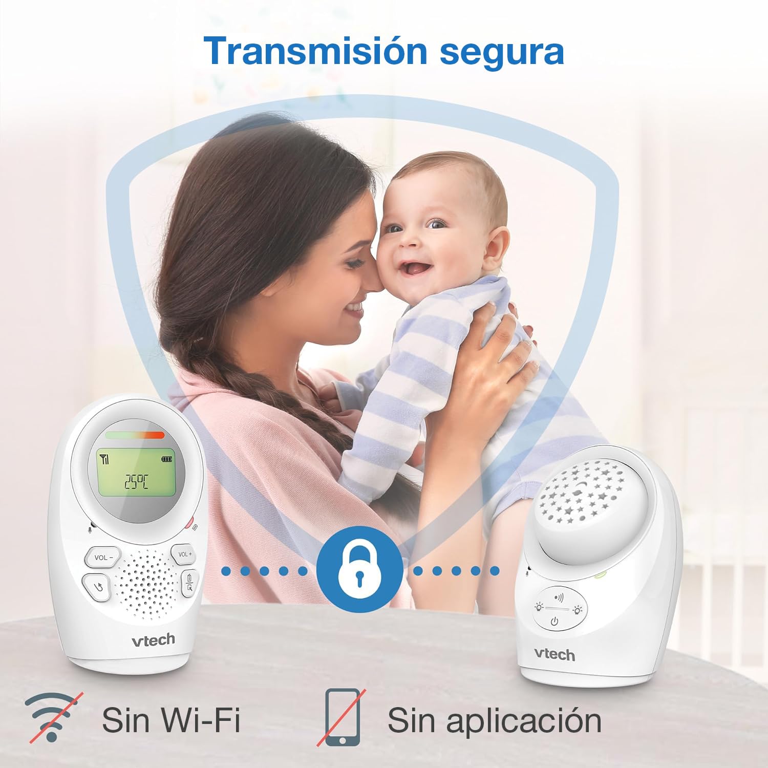 VTech Baby Monitor Digital para bebé: tecnología DECT, función de intercomunicador, indicador de Nivel de Ruido, Sensor de Temperatura, luz Nocturna con Cielo Estrellado y Mucho más,DM1212