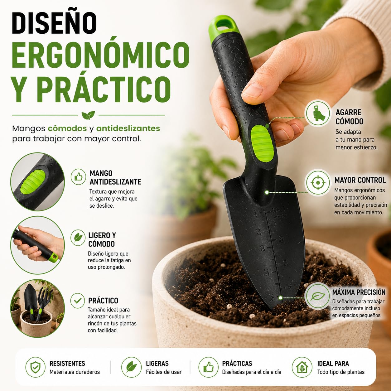 Kit 5 Herramientas de jardinería Resistente de Fibra de Vidrio Ideal para jardín, huerto Urbano o terraza | Kit jardineria Completo Que Incluye: Pala, Rastrillo, Azada, Tijeras de Podar y Guantes.