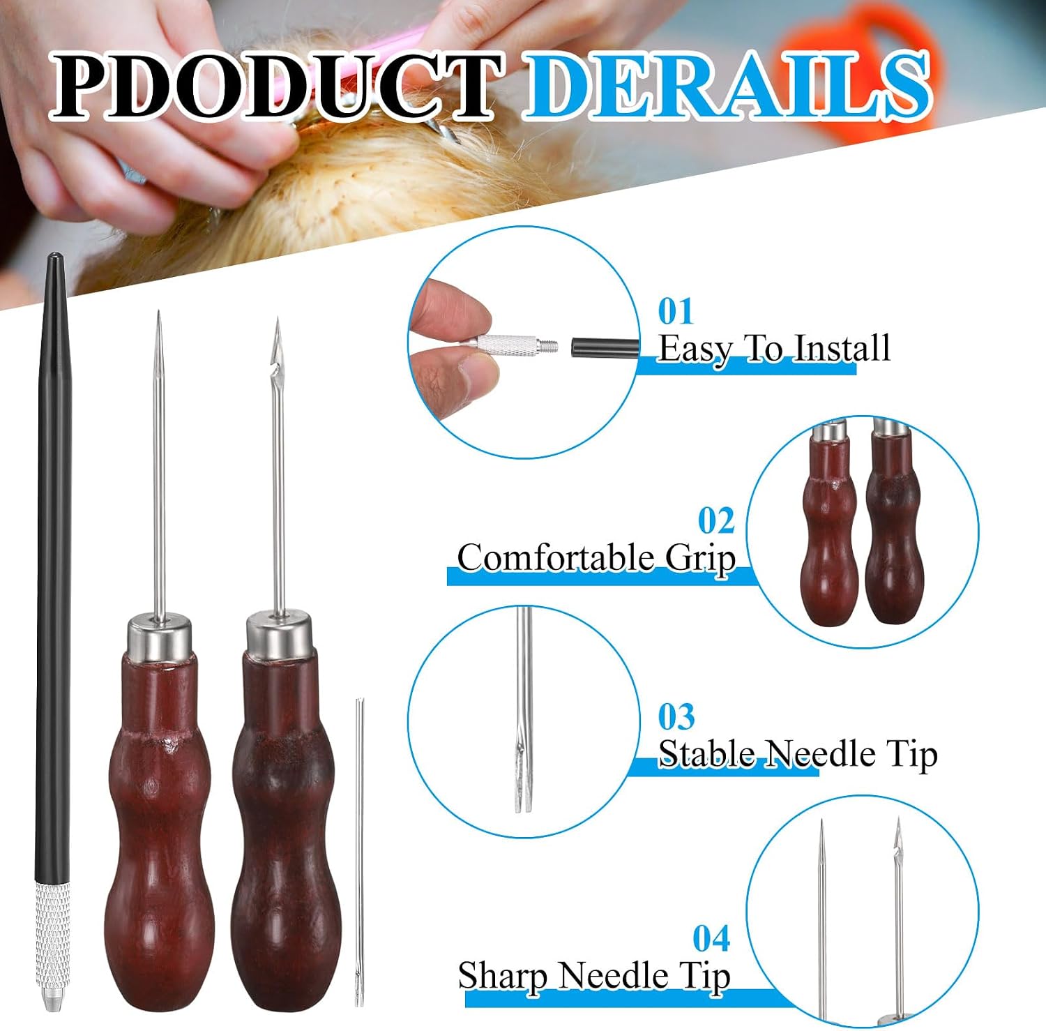 PATIKIL Doll Hair Rooting Holders Tool, 0.6mm Doll Hair Rerooting Knitting Needles with Red Wood Handle Awls Crochet Hooks for DIY Wig Crafts Making Supplies, Black image 3