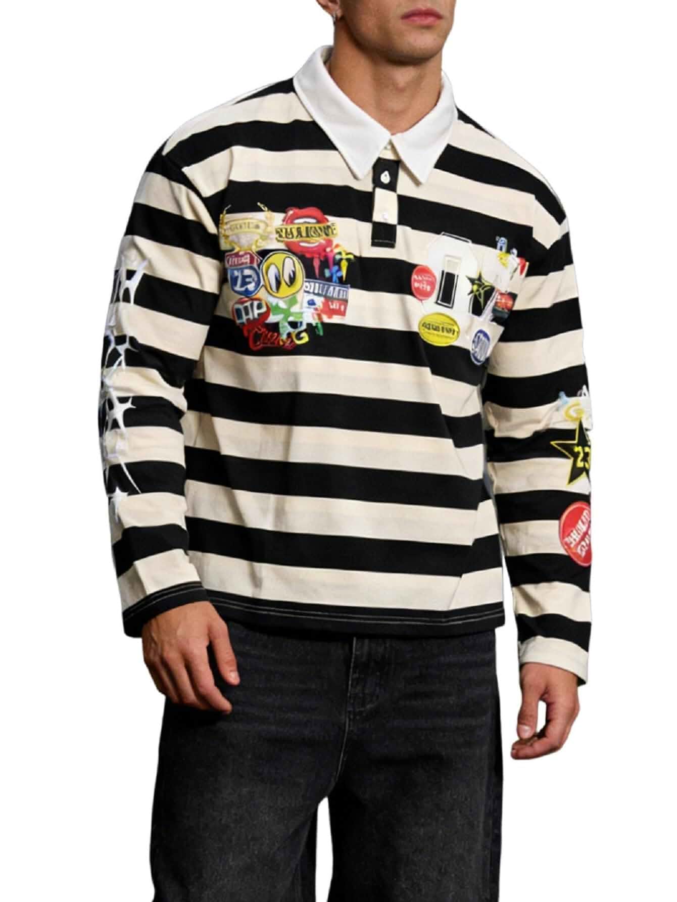 GORGLITTER Men's Striped Rugby Shirts Color Block Graphic Long Sleeve Collared Preppy Sweatshirt Casual Going Out Outfits Long Sleeve