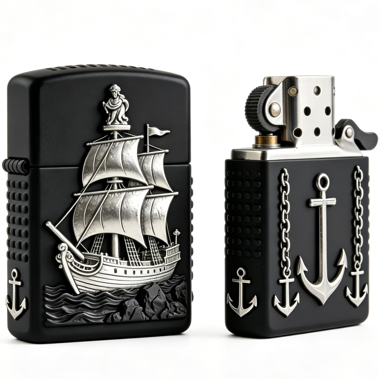 3D Sailboat Carving Flint Kerosene Lighter Windproof Flip Top Wheel Grinding Open Flame Fire Lighter for Daily Use (B)