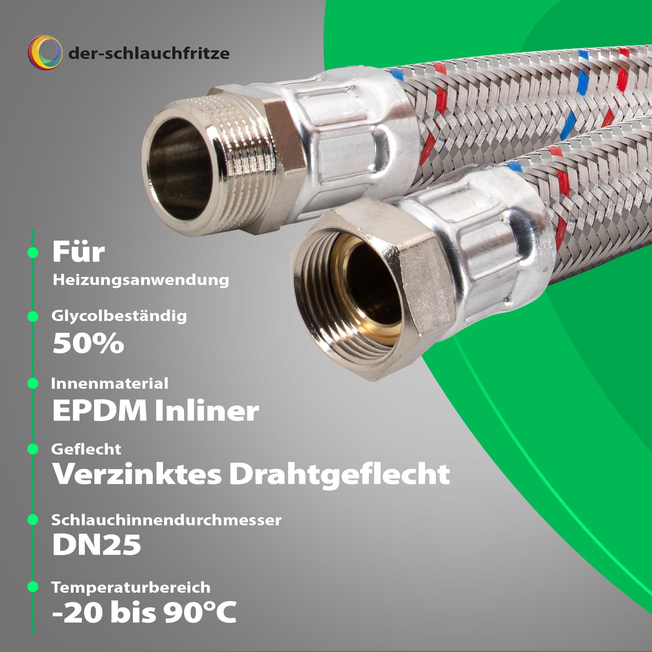 H2O-Flex® Panzerschlauch DN25 Flexschlauch1 zoll ÜM x 1 zoll AG Heizungsschlauch Nutzwasserschlauch für die Heizungsinstallation Hauswasserwerk PN10 Pumpenschlauch Solarschlauch