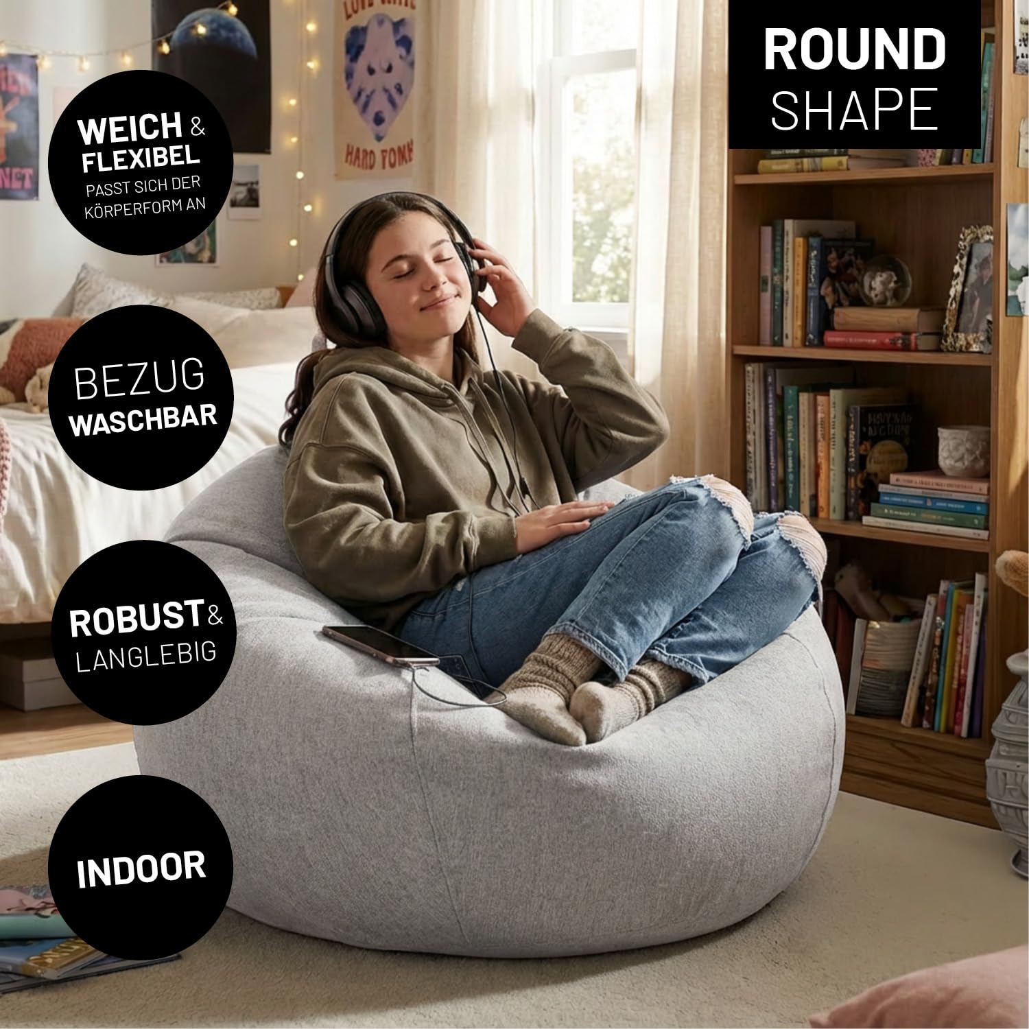 Lumaland Sitzsack Comfort Line | Indoor Beanbag 80x90x50cm mit mehr als 1,5 Mio. anpassbaren EPS-Perlen | Weiches & Komfortables Bodenkissen | Sessel für Kinder & Erwachsene | 185 L Volumen [Hellgrau]
