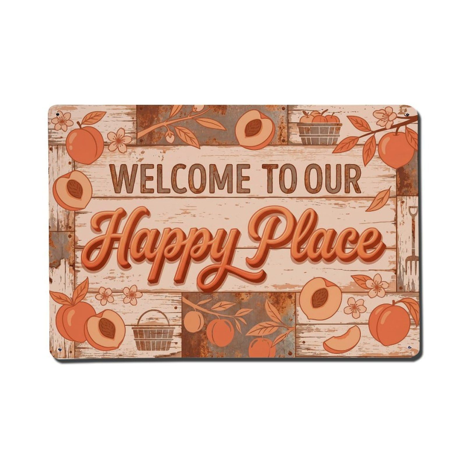 Welcome To Our Happy Place Nectarine Orchard Metal Tin Sign Plaque Wall Decor for Cafe, Club Bar, Office, Home Garden Metal Poster 8x12Inch