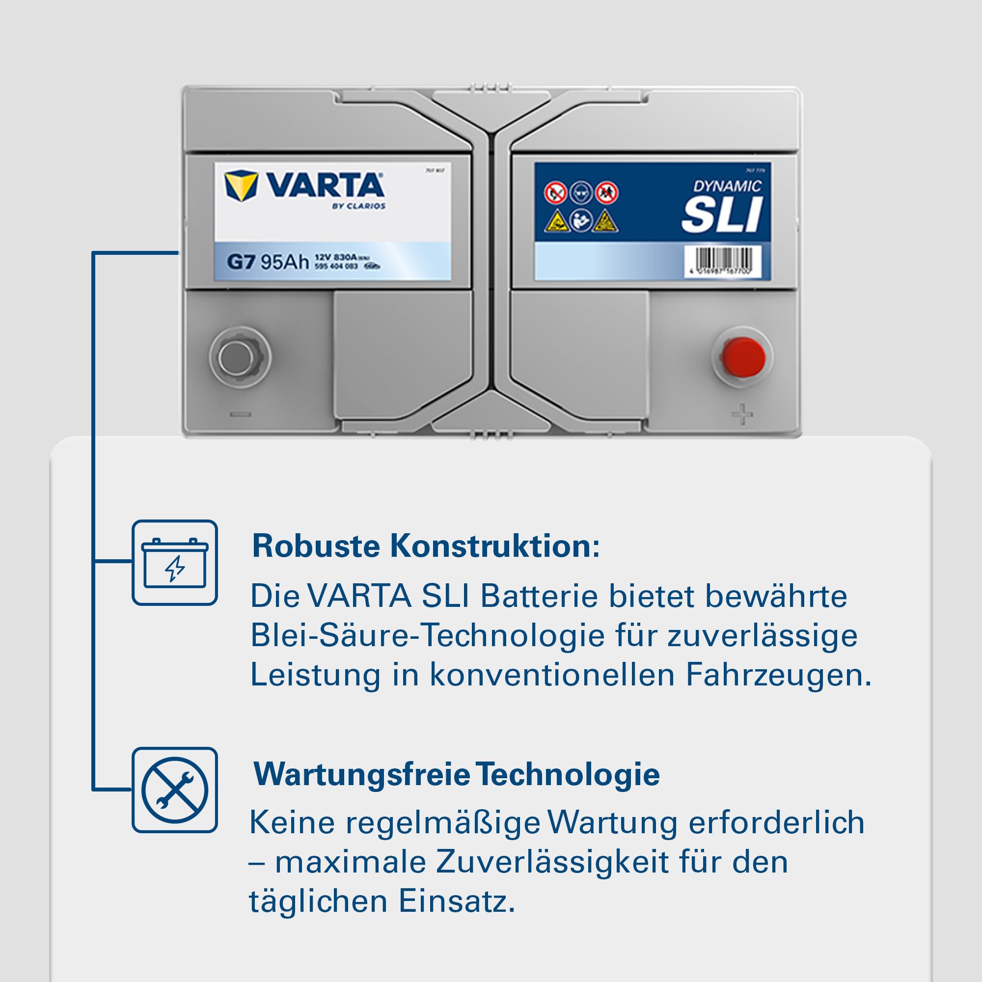 VARTA Automotive DYNAMIC SLI (G7) 12V 95Ah 830A - Nassbatterie KFZ mit Standardausstattung & ohne Start-Stopp System - Starterbatterie für einfachen Energiebedarf - Bleisäurebatterie wartungsfrei | Standardausstattung & ohne Start-Stopp System - Starterba