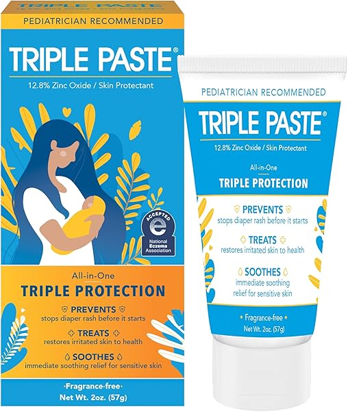 Triple Paste Diaper Rash Cream for Baby - 2 Oz Tube – Zinc Oxide Ointment Treats, Soothes & Prevents Diaper Rash, Pediatrician-Recommended Hypoallergenic Formula, Baby Essentials for Daily & Overnight