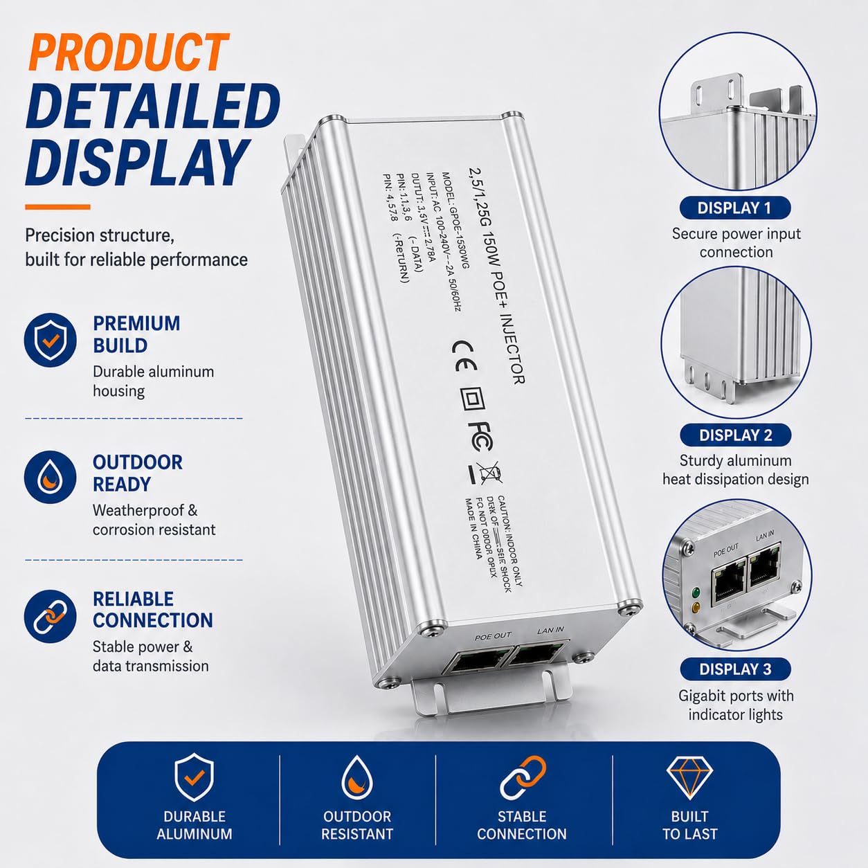 Elfcam - Iniettore PoE 150W 2,5Gb/1,25Gb per Starlink Gen 3 e 2, lega di Alluminio per Un'eccellente Dissipazione Del Calore, Ingresso 100-240V AC e Uscita 150W 48V-56V.