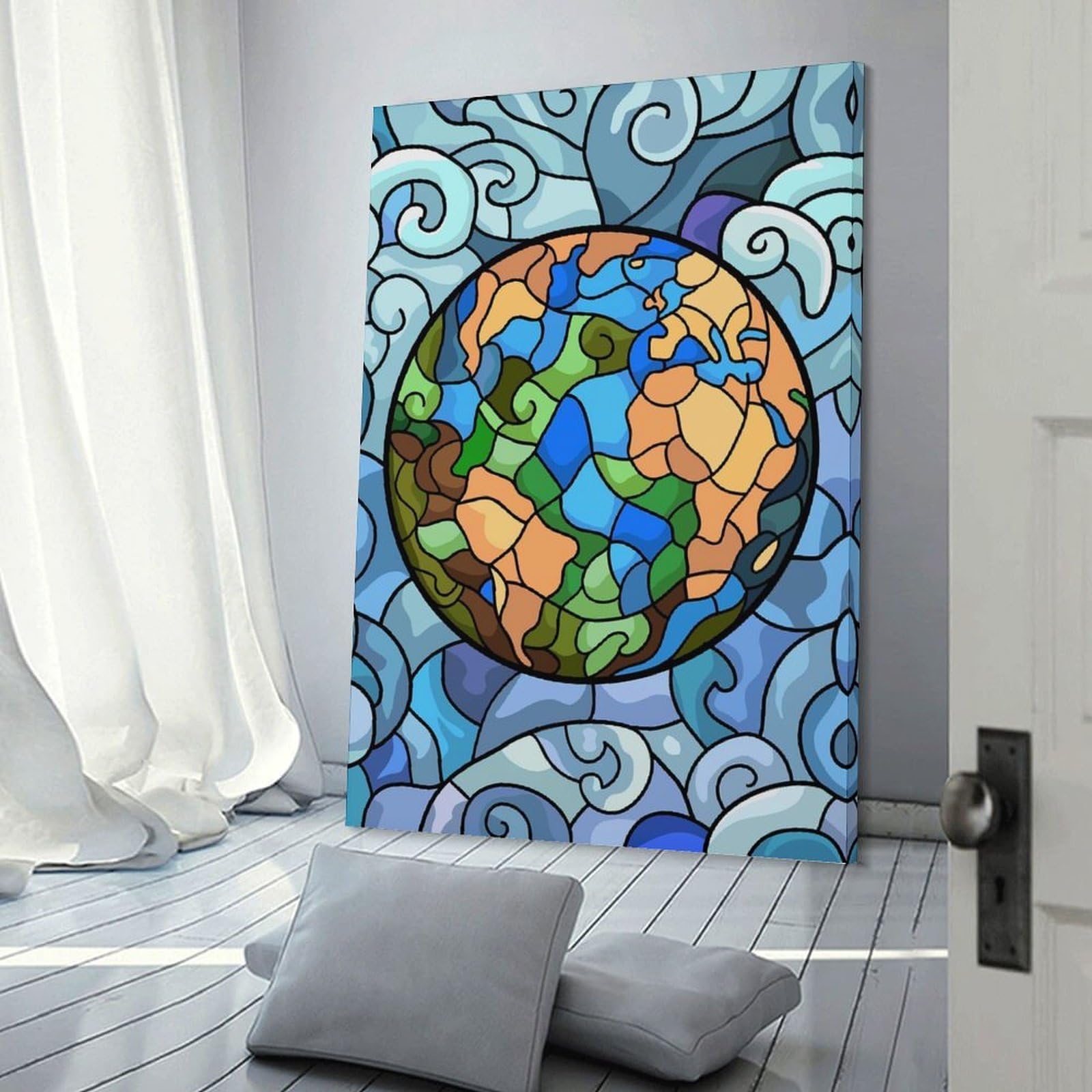 Junmoney Stained Glass Earth with Swirling Waves Hanging Wall Art, 20x30inch(50x75cm), for Bedroom, Guest Room Or Reading Nook, Home Artwork with A Soft Interior Feel