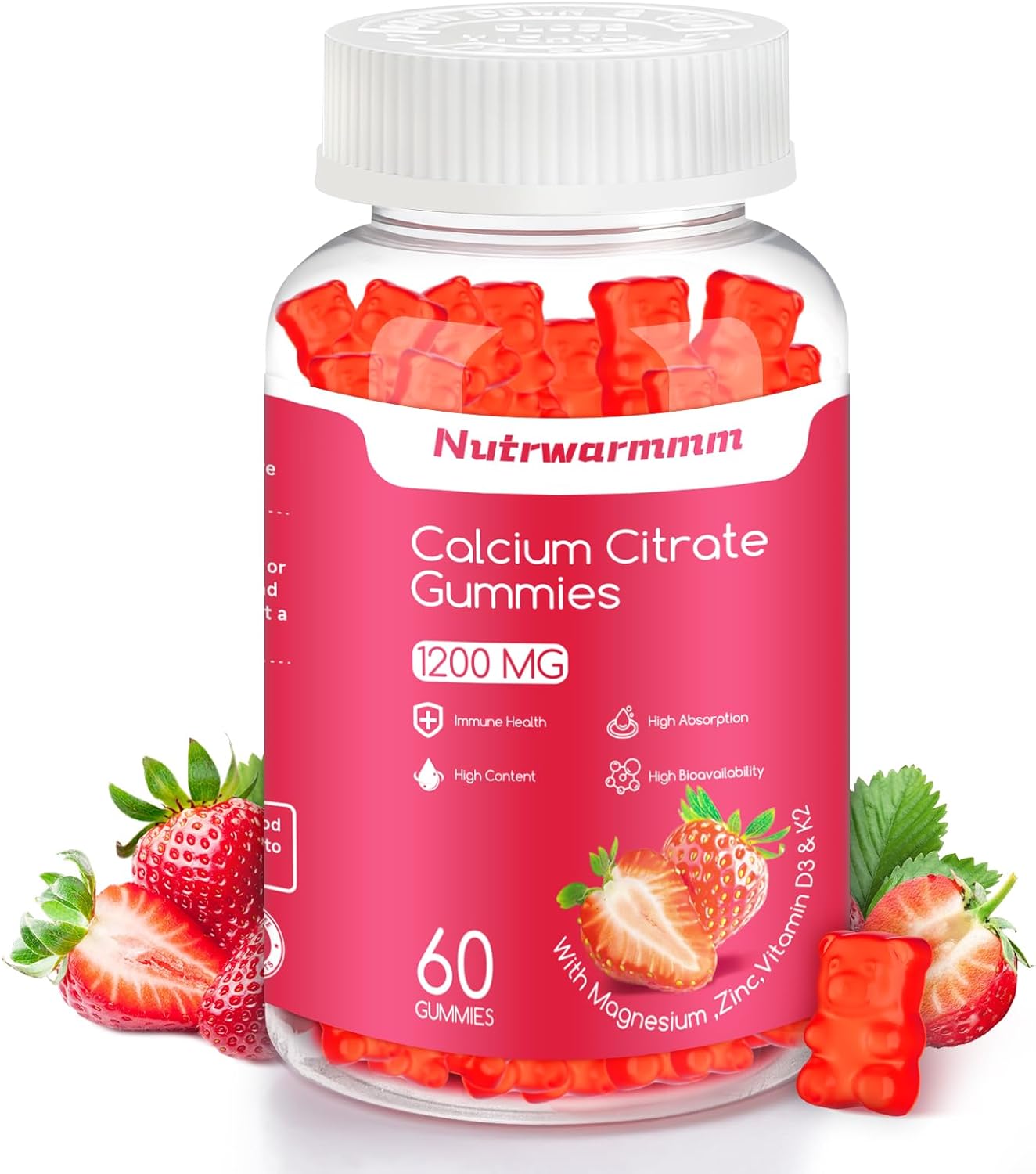 1200mg Calcium Citrate Gummies with Vitamin D3 for Women & Men, Sugar Free Chewable Calcium Supplements, Support Bone, Muscle & Immune, Strawberry Flavor