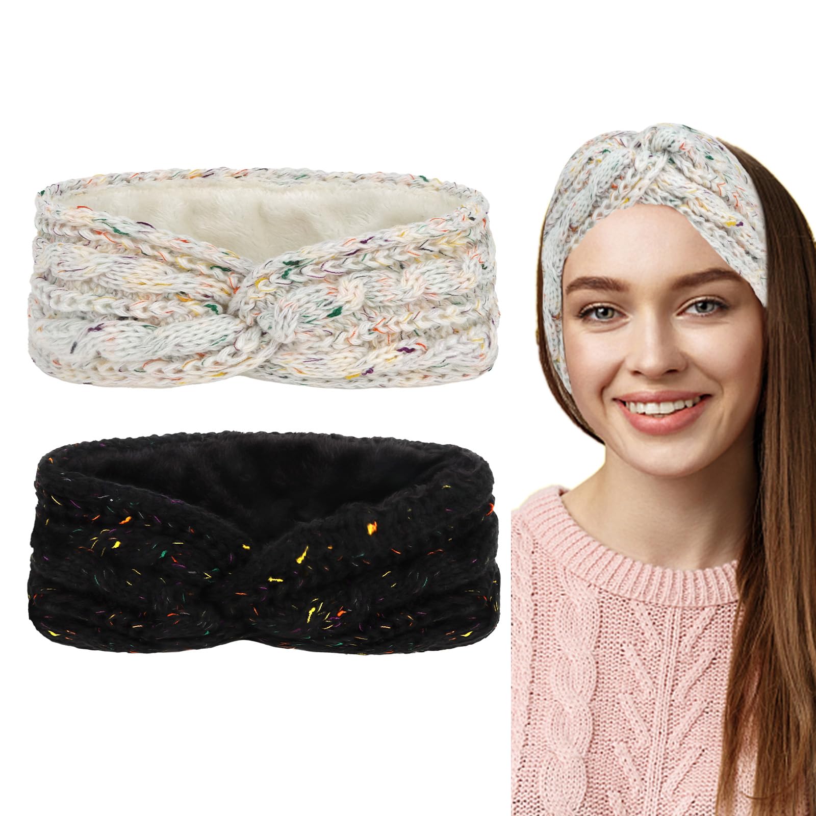 CAVETEE Headbands, 2 Pieces Winter Hairbands for Women - Warm Wool Ear Muffs, Crochet Headbands for Women, Elastic for Women Girls
