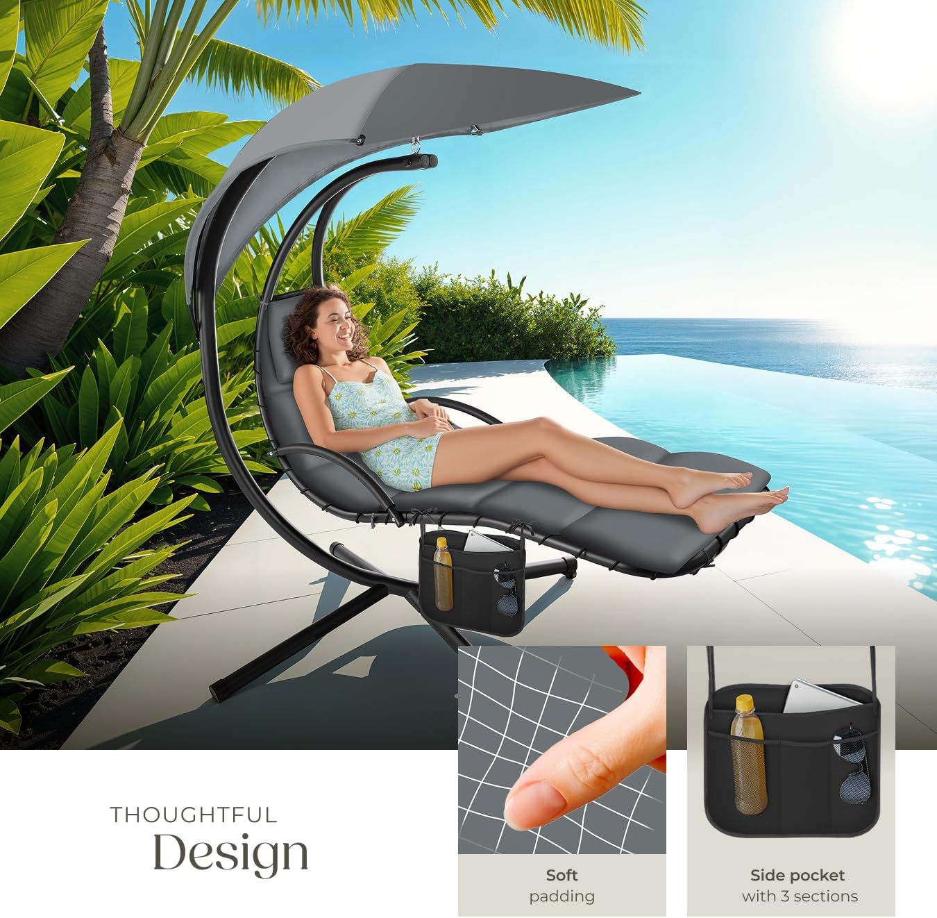 Close-up of the soft padding and side pocket of the TecTake Hanging Garden Chair