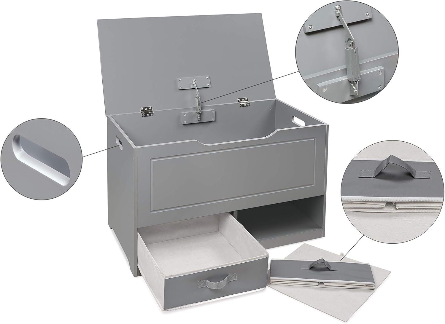 Badger Basket Toy Box and Storage Bench - Chest and Seat Combo with 2 Reversible Baskets, Safety Hinge Lid - Kids Toy Organizer for Playroom or Bedroom - Gray