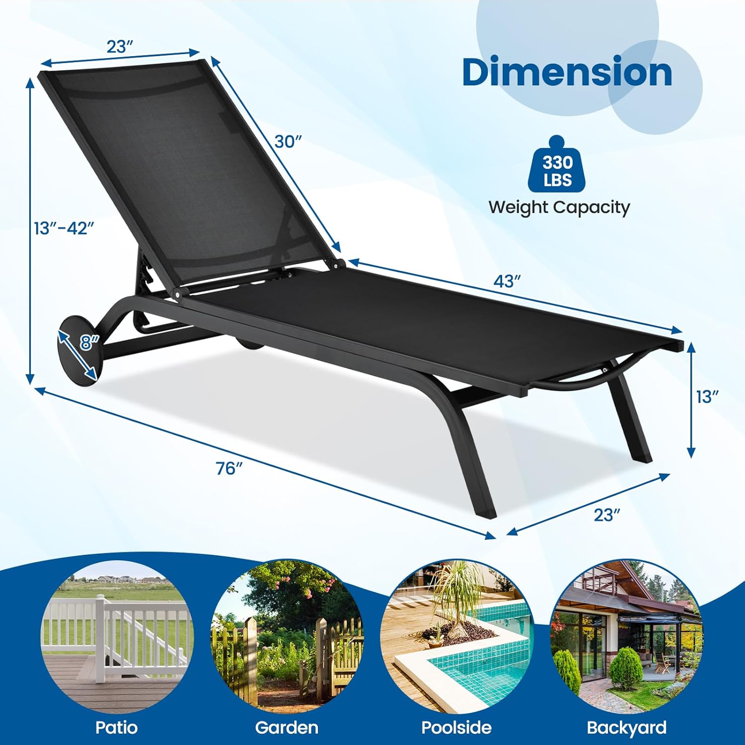 COSTWAY Outdoor Patio Chaise Lounge, 6-Position Adjustable Pool Lounger with Stable Aluminum Frame, Portable Sun Bathing Lounge Chair on Wheels for Backyard Garden, Black