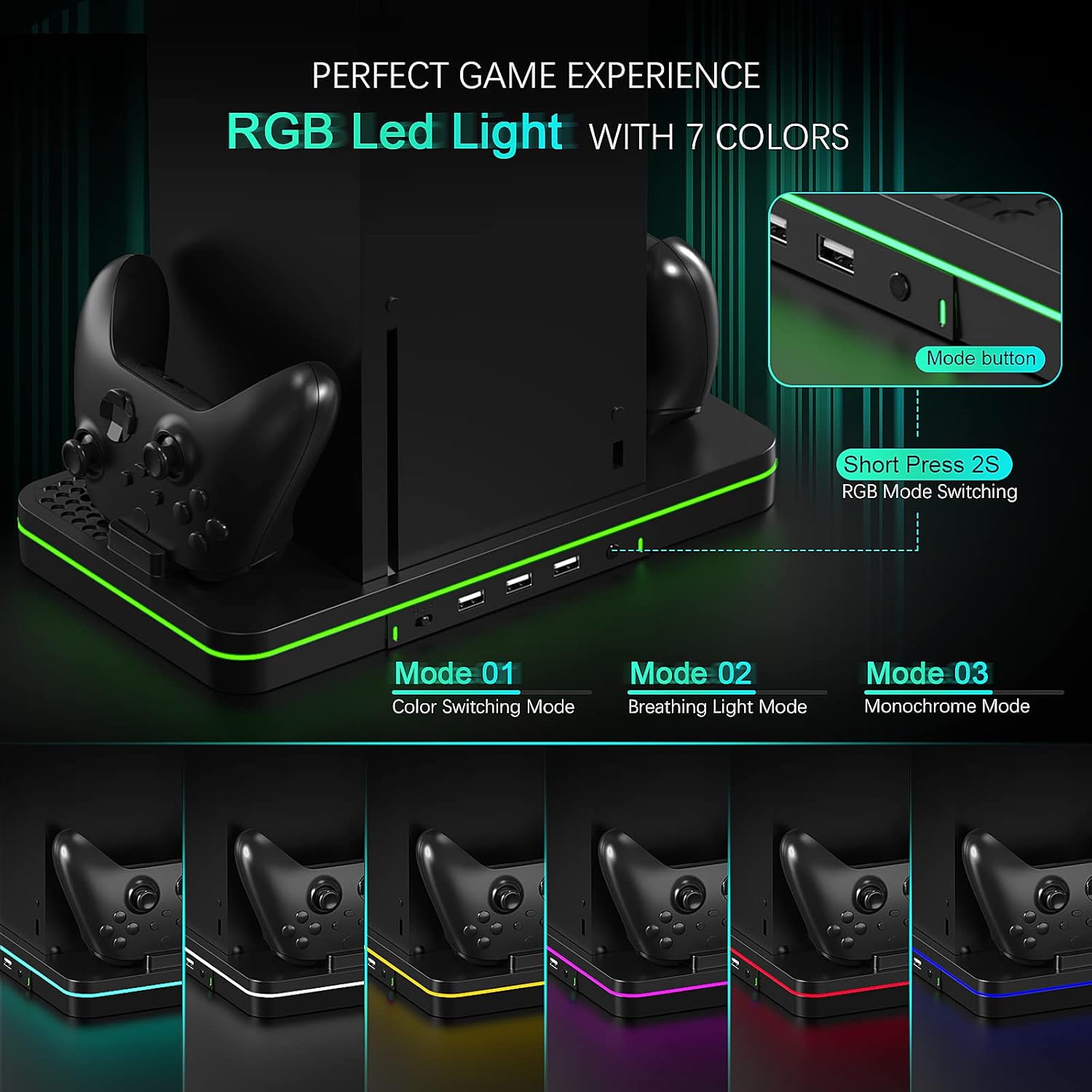 Vertical Cooling and Charging Stand Compatible with Xbox Series X/S Console＆Controller, 7 Color Lights/3 USB Ports, Vertical Dual Controller Charger Station Dock Accessories - 2 Gear Fan Speed : Video Games