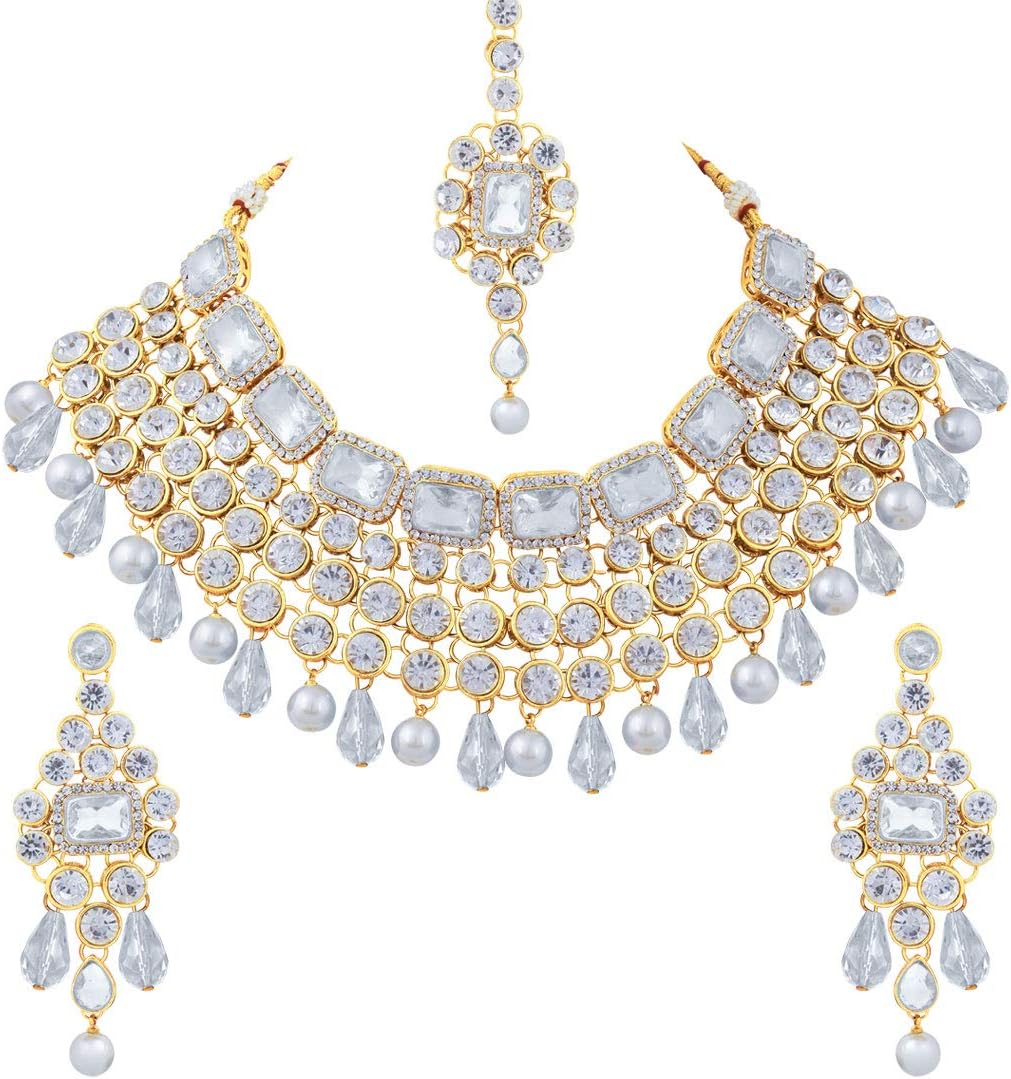Aheli Kundan and Simulated Colored Stones Indian Ethnic Maang Tikka Necklace and Earrings Set Bollywood Festive Statement Jewelry for Women Girls