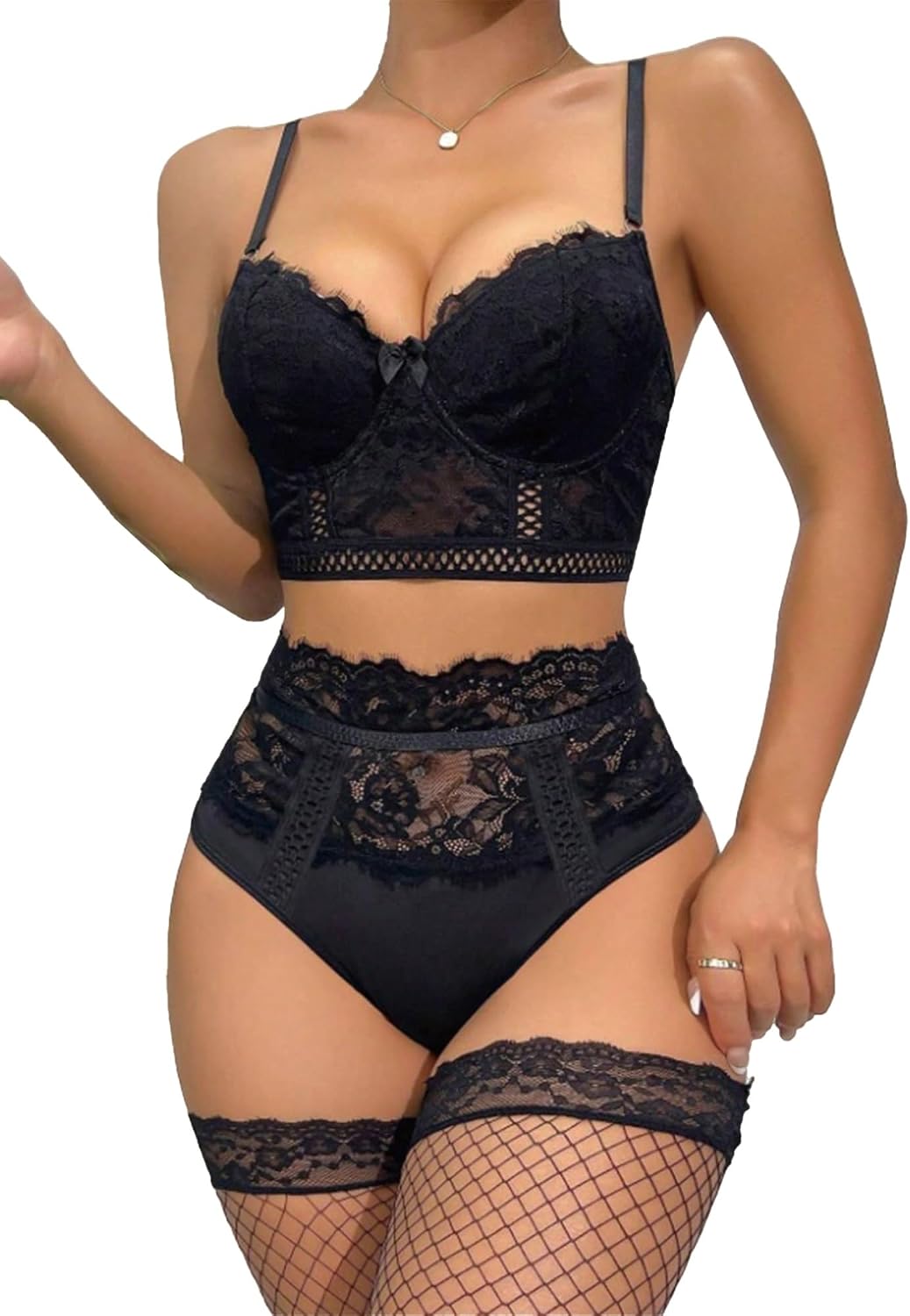 Bigary Women's Lace Sexy Camisole High-Waist Lingerie Soft Two-Piece Set