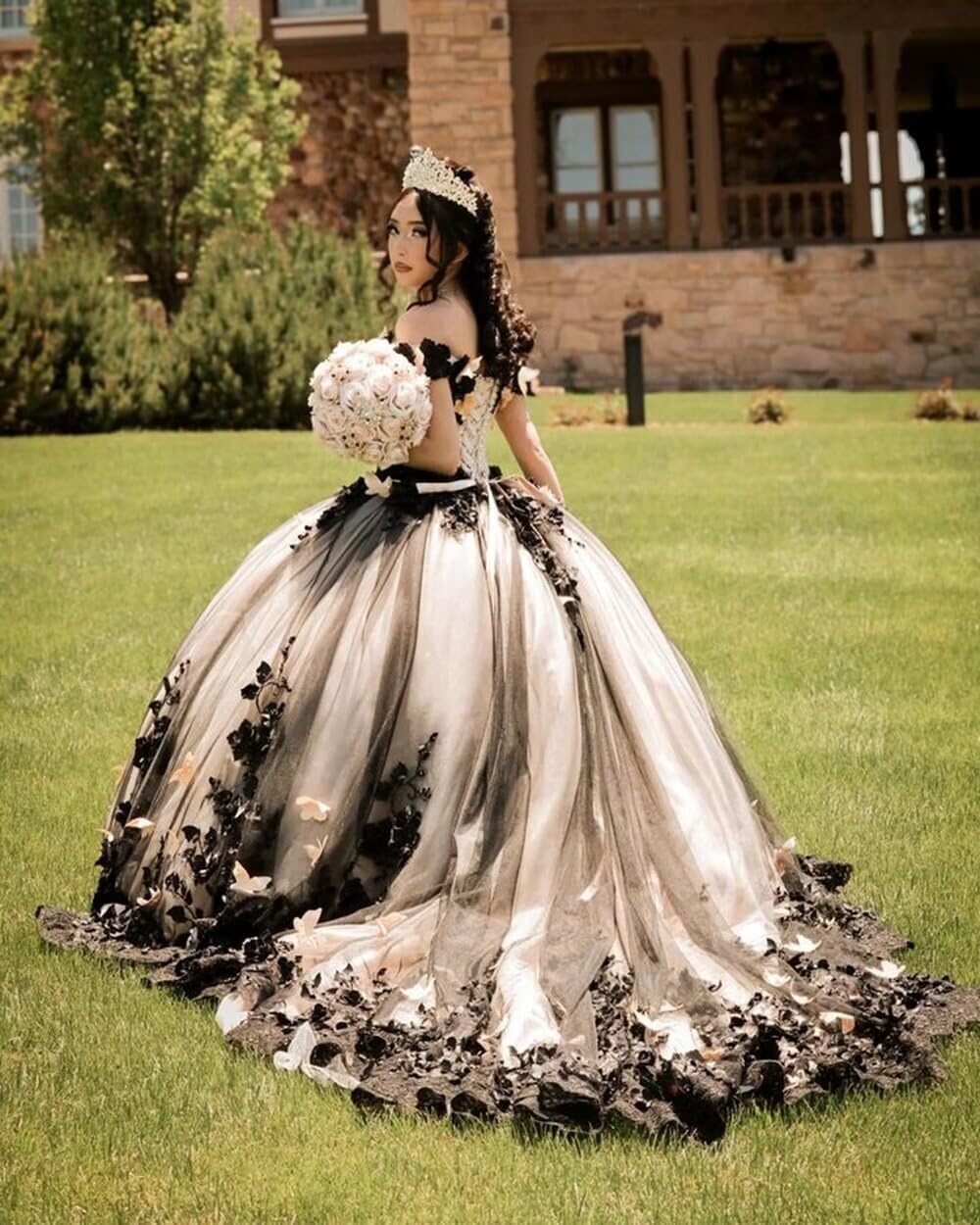 Tulle Quinceanera Dresses with Black Appliques Floral Beaded Sweet 16 Dresses Off Shoulder Party Gown AQ101