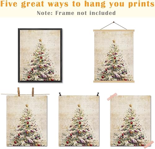 Miniatura 3 de JINYO Juego de 4 impresiones artísticas vintage de Navidad, diseño retro rústico de árbol de Navidad, Papá Noel, campana, bastón de caramelo,