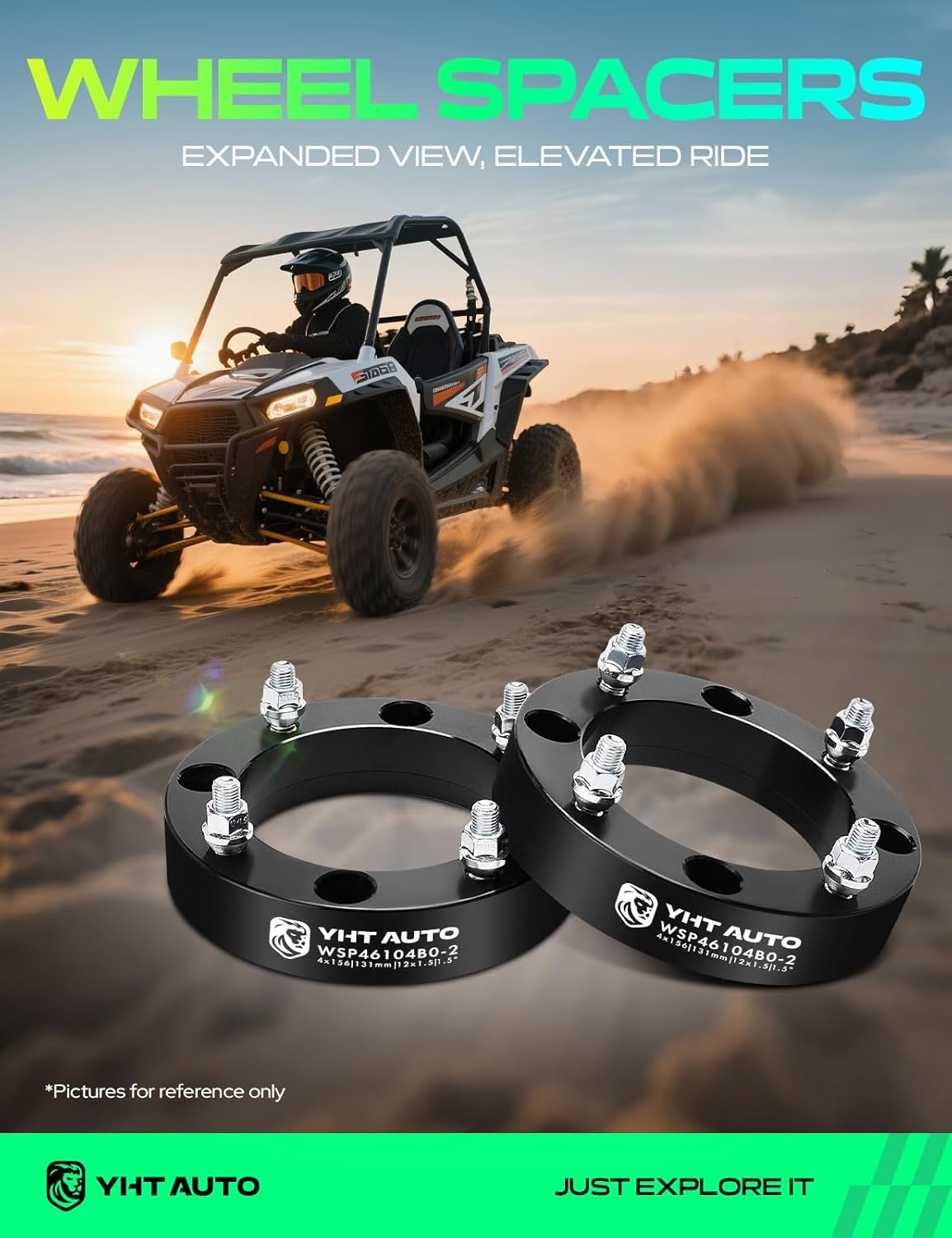 YHTAUTO 4x156mm Wheel Spacers 1.5 inch Compatible with Polaris RZR 2013-2017, Ranger 2013-2017, Tire Spacers w/ M12x1.5 & 12.9 Grade Studs, 131mm Center Bore 4 Lug 2PCS Black