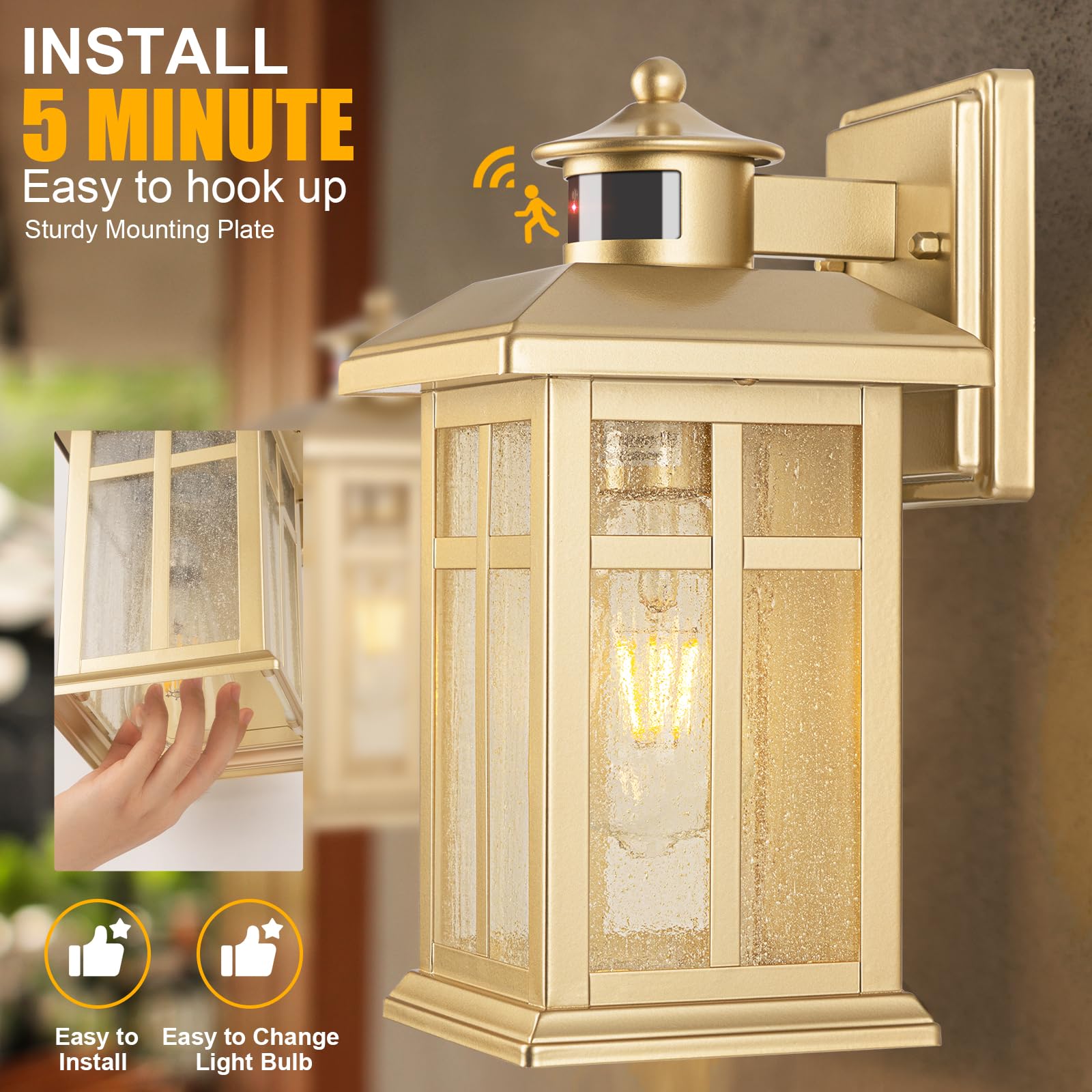 Brilvibera - Sensore di movimento per esterni, impermeabile, luce dorata per esterni di casa, moderne luci da parete per esterni, luce per garage all'aperto ultimo intervento, luce esterna