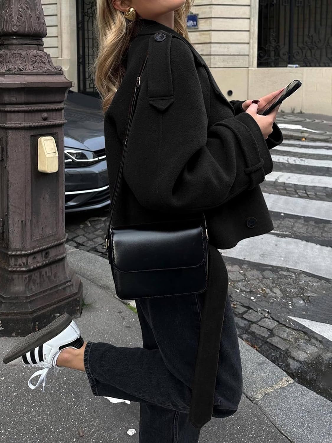 Street Style: Black Wool Blend Coat and Sneakers