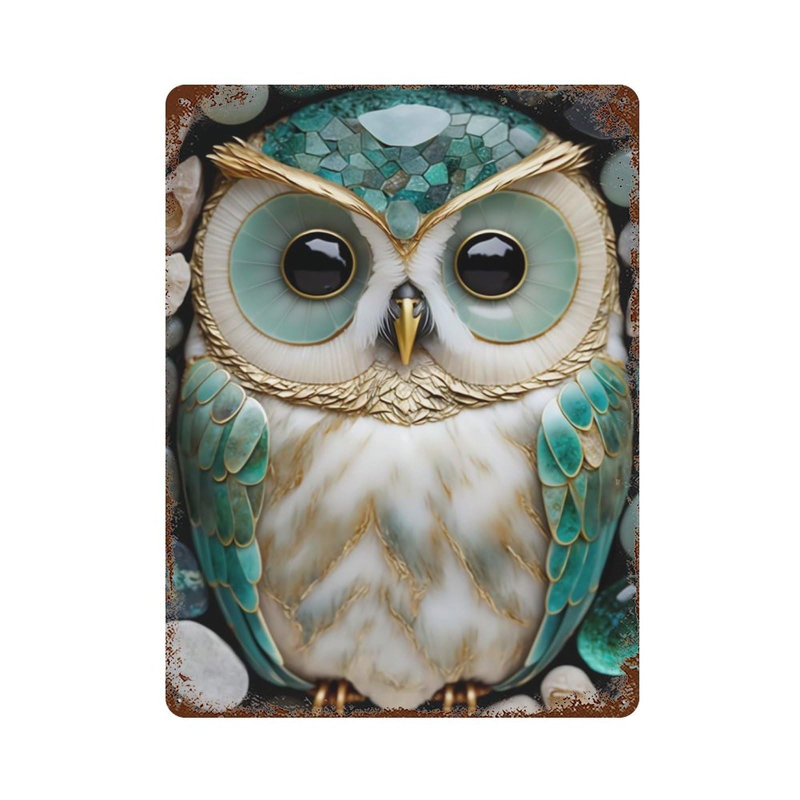 Garage Style Abstract Jade Owl Kintsugi Aged Metal Wall Plaque 15.7"x11.8", Decorative Metal Wall Art for Bar And Workshop