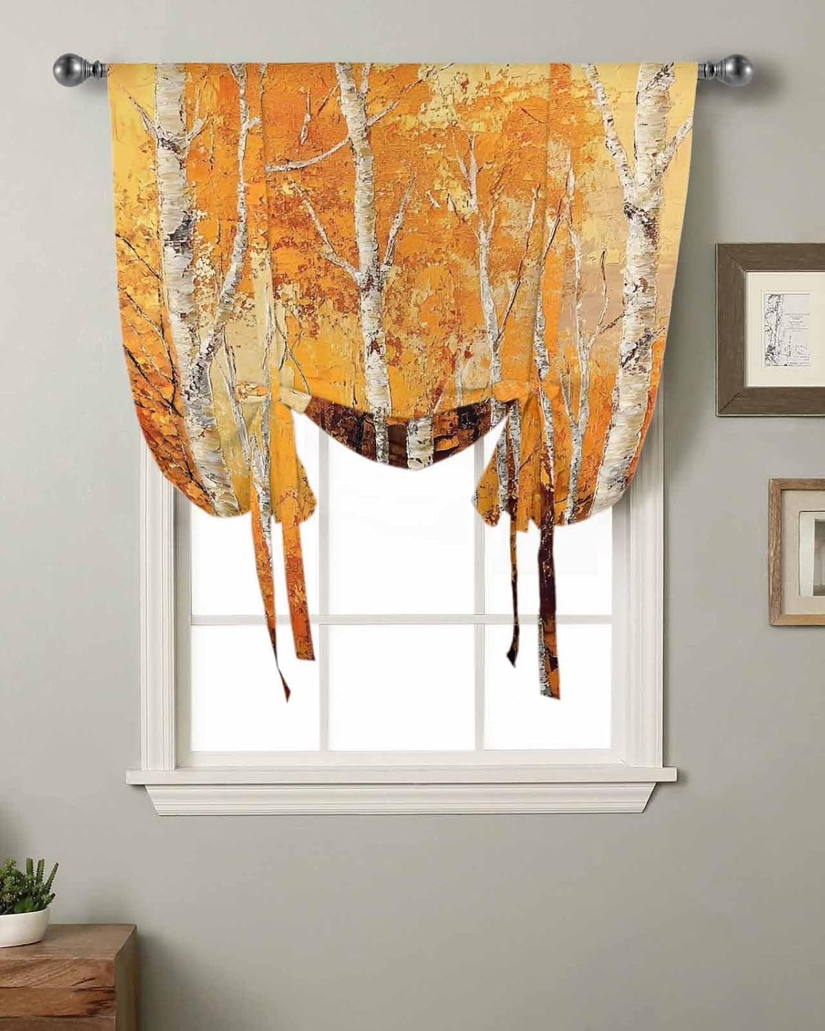Tie Up Curtains for Windows, Fall Branch Tree Kitchen Curtain Adjustable Balloon Window Shades, Autumn Yellow Forest Natural Vintage Valance Curtains for Living Room/Bedroom/Cafe 46"x63"