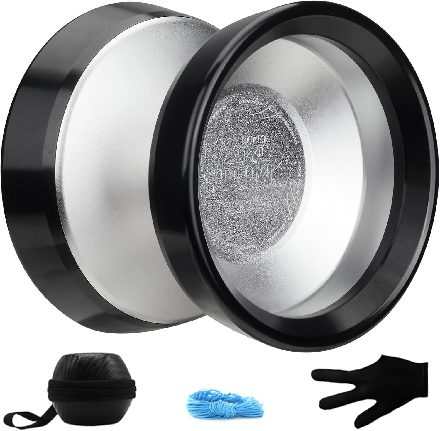 YOYOSTUDIO Yoyo Professional Unresponsive Yoyos with Dual Aluminum Alloy Rings, Pro Tricks Yo yos for Adults, Metal Yoyo with Strings, Gloves & Case Silver (Black Ring) X032A-Silver (Black Rim)