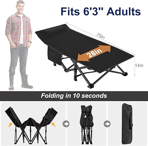 Miniatura 6 de ABORON Catre plegable para acampar con alfombrilla para adultos, cama resistente al aire libre con bolsa de transporte, catres de campamento de