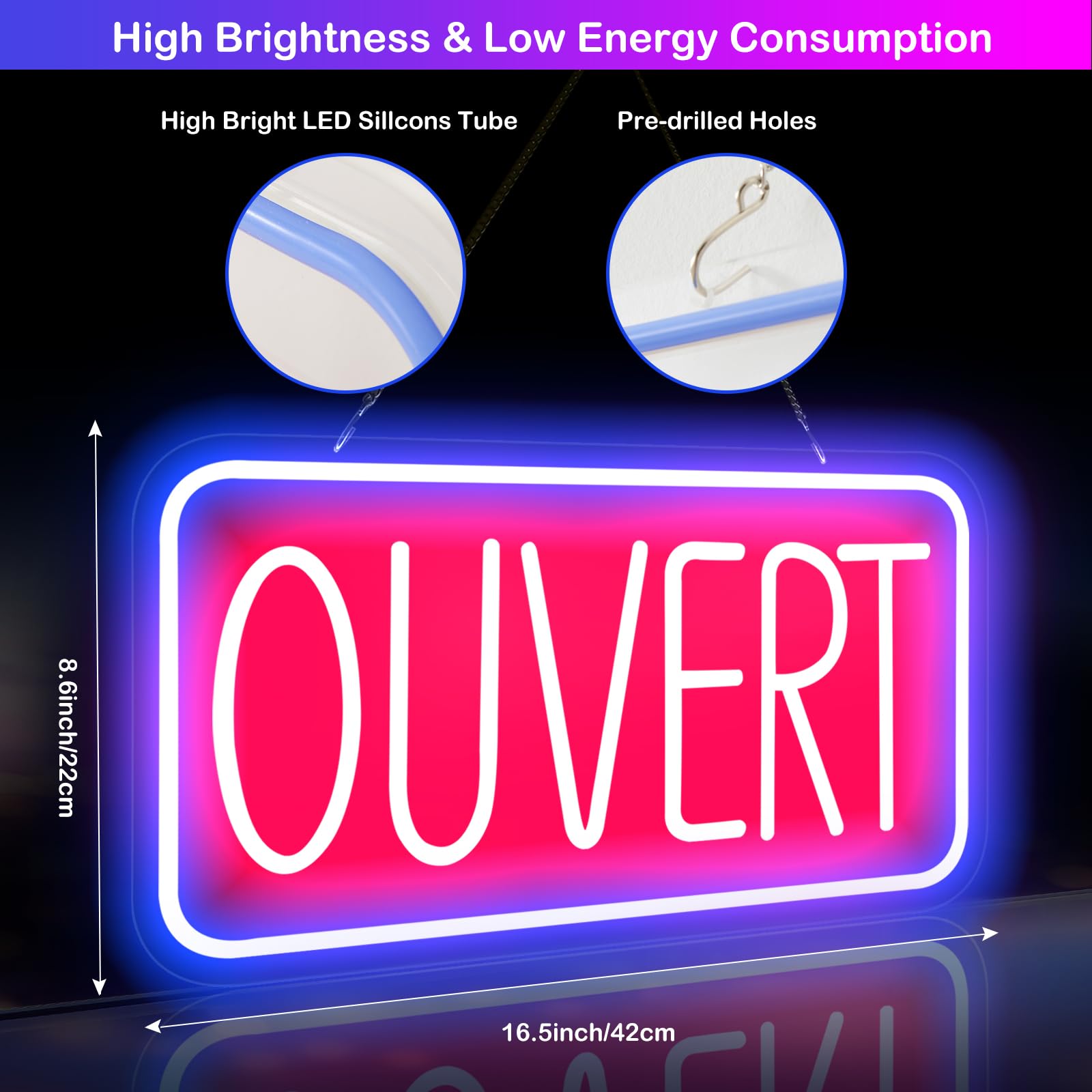 OUVERT Panneau néon LED à suspendre 42 x 22 cm USB avec interrupteur à intensité variable