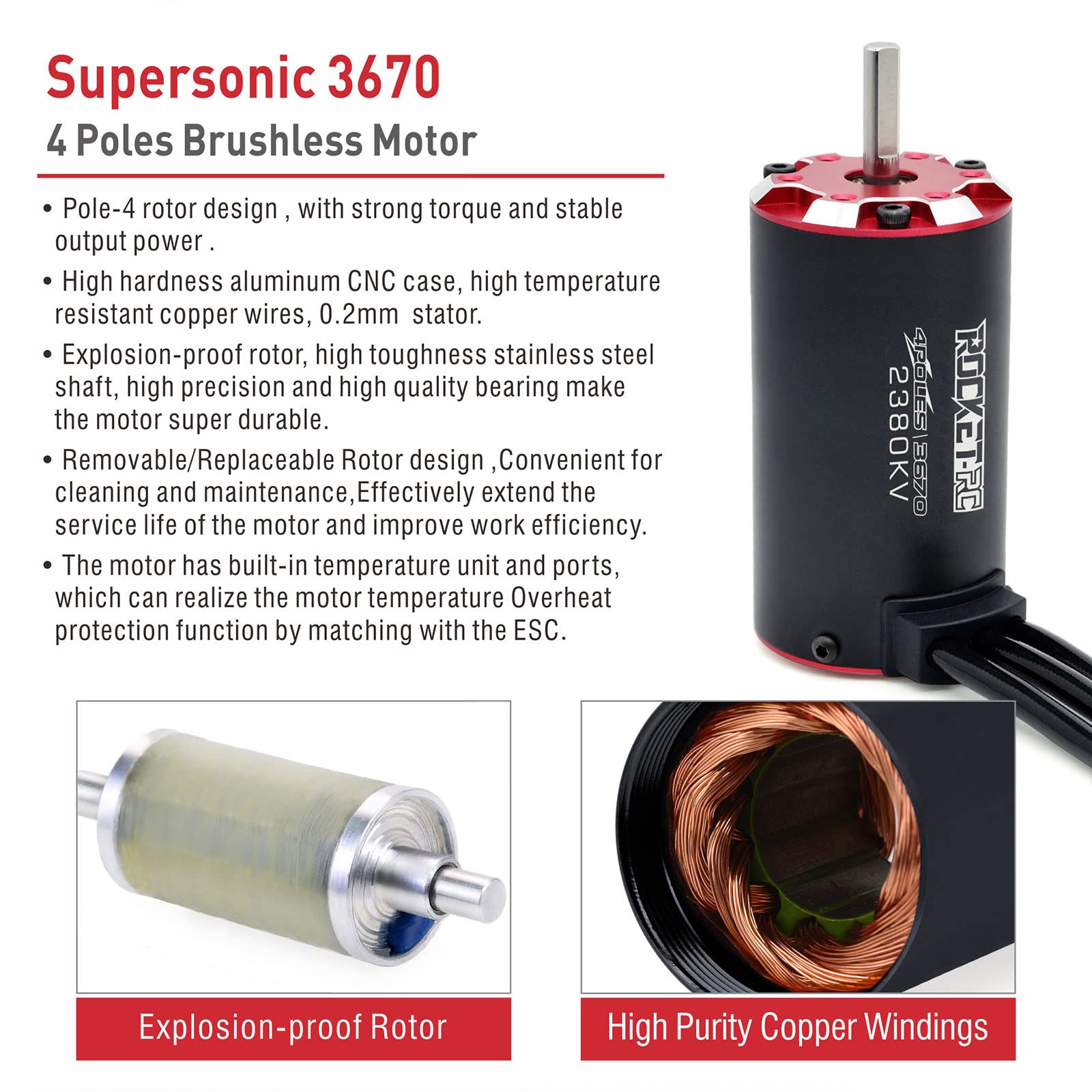 Superpersonic 3670 RC Motor sin escobillas, 2380 KV con puerto de sensor Temprerature Resisatant Heavy Duty 4 postes para 1/8 1/10 RC Car
