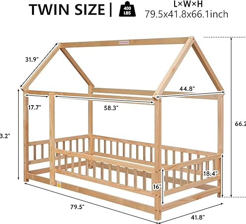 Miniatura 16 de Altillo Cama de casa con valla, camas Montessori de madera para niños con techo, cama de tienda, cama de piso de madera, marco de cama estilo casa