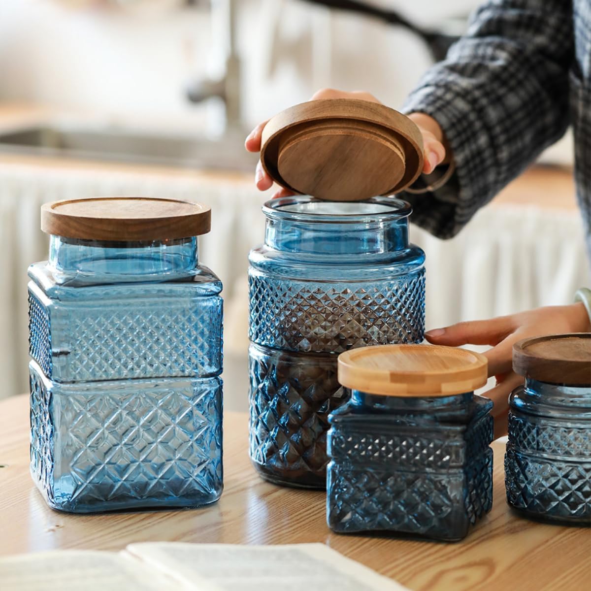 ANSQU Square Glass Canister, 61oz Candy Jar with Lid, Glass Food Storage Containers for Ground Coffee, Tea, Sugar, Decorative Mason Jar Cookie Jars (Blue) image 3
