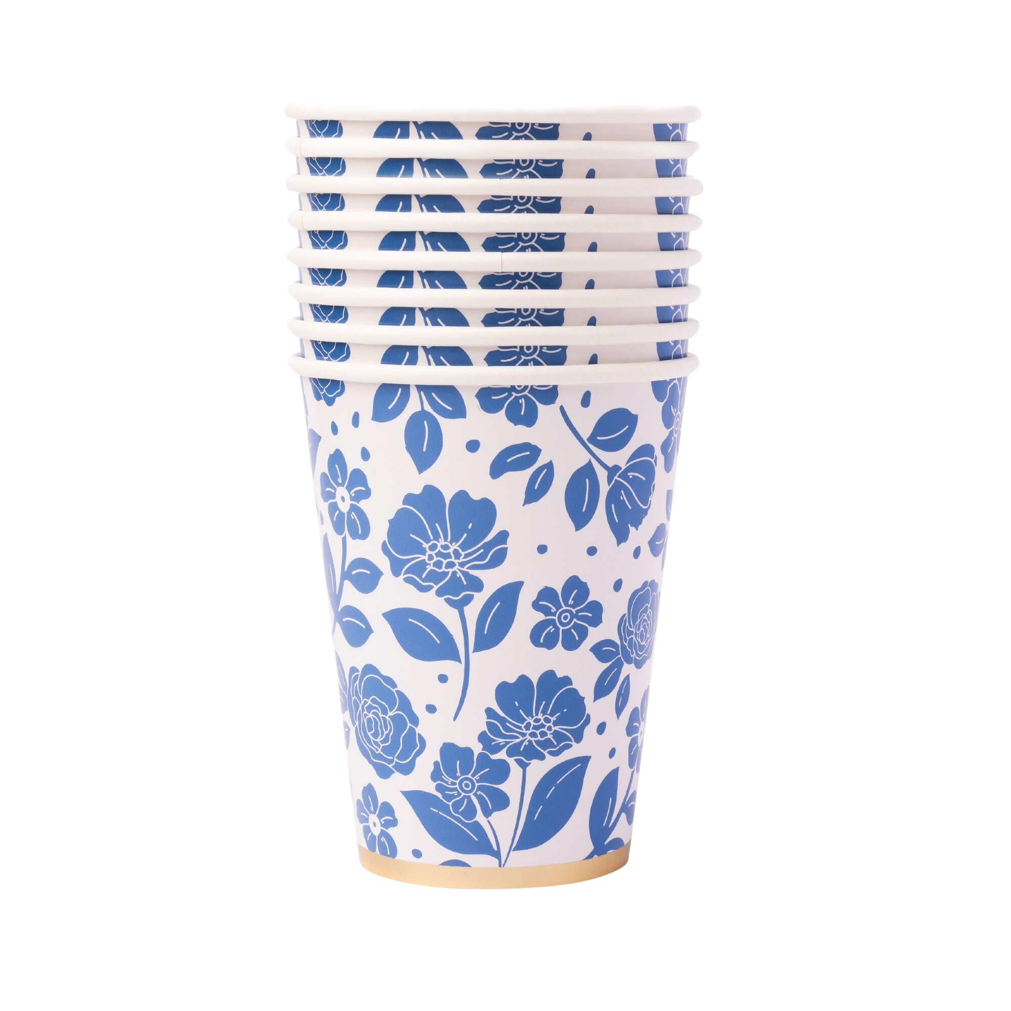 Bonjour Fête Light Blue Floral Paper Party Cups | Disposable Cups for Baby & Bridal Showers, Holidays & Birthday Celebrations | Gold Foil | Premium