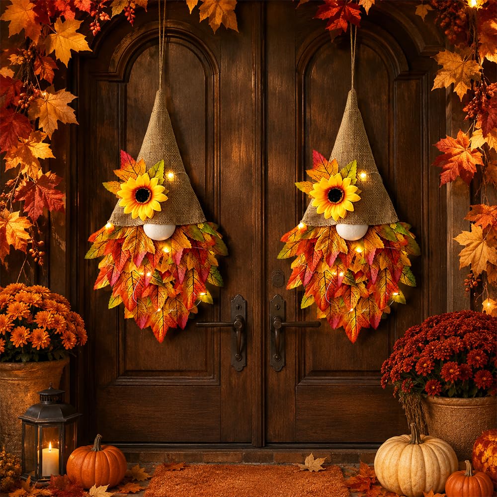 2 PCS Autumn Wreaths for Front Door with LED Light, Maple Fall Gnome Decor