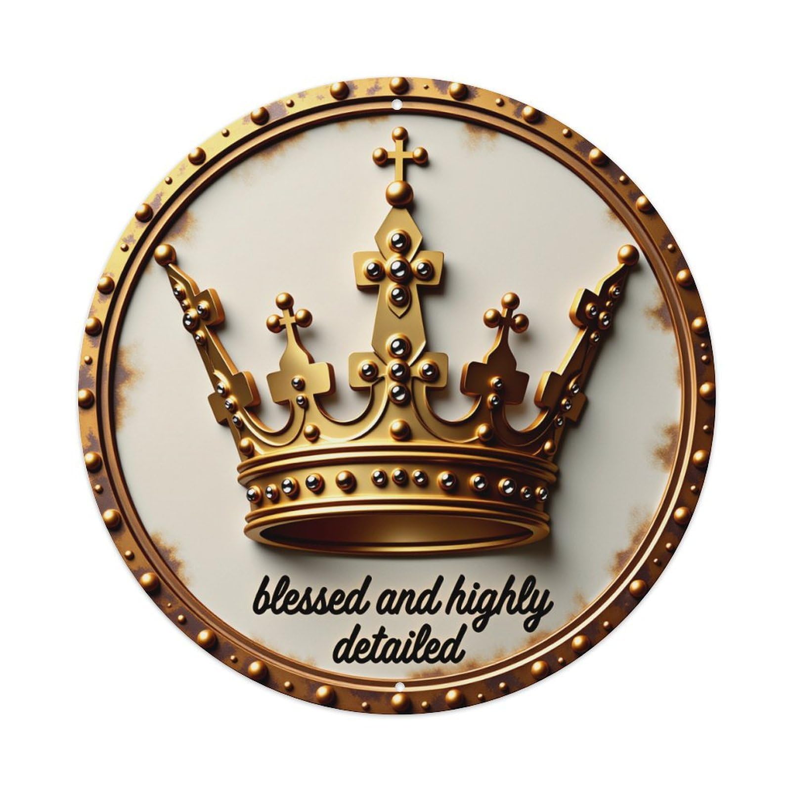 Golden Crown With Crosses And Pearls Round Tin Sign Vintage Style Metal Sign Home Bar Garden Wall Plaque Decor Metal Poster 8x8 Inch