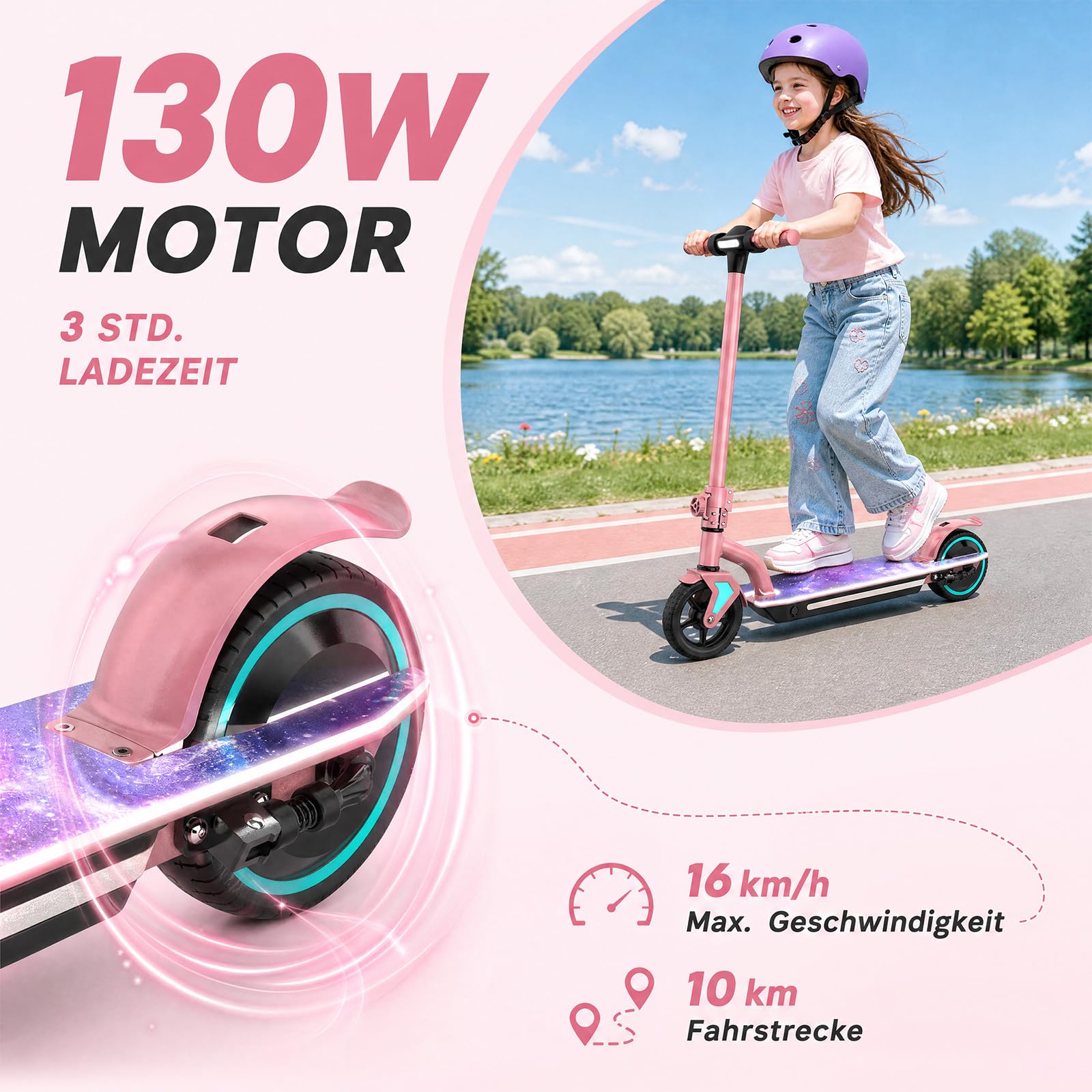 Scooter eléctrico para niños edad 6-16 | Motor de 130 W, 16 km/h, alcance 6-16 KM, velocidad ajustable, indicador LED, patinete eléctrico plegable para niños