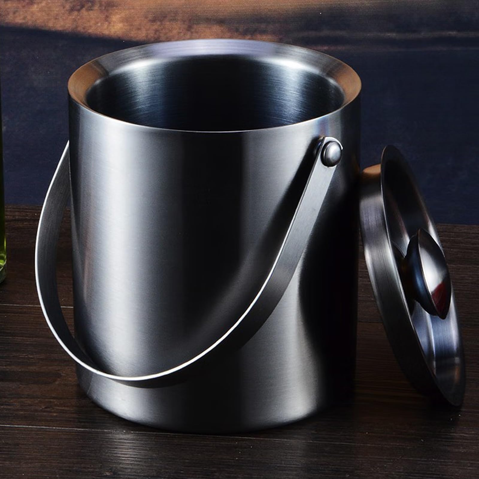 Cubo de hielo Cubitera con tapa, cubeta de hielo acero inoxidable aislamiento doble pared, vino for cócteles y fiestas, accesorios bar en casa, gris oscuro, 2L Cubo de hielo frío para barra