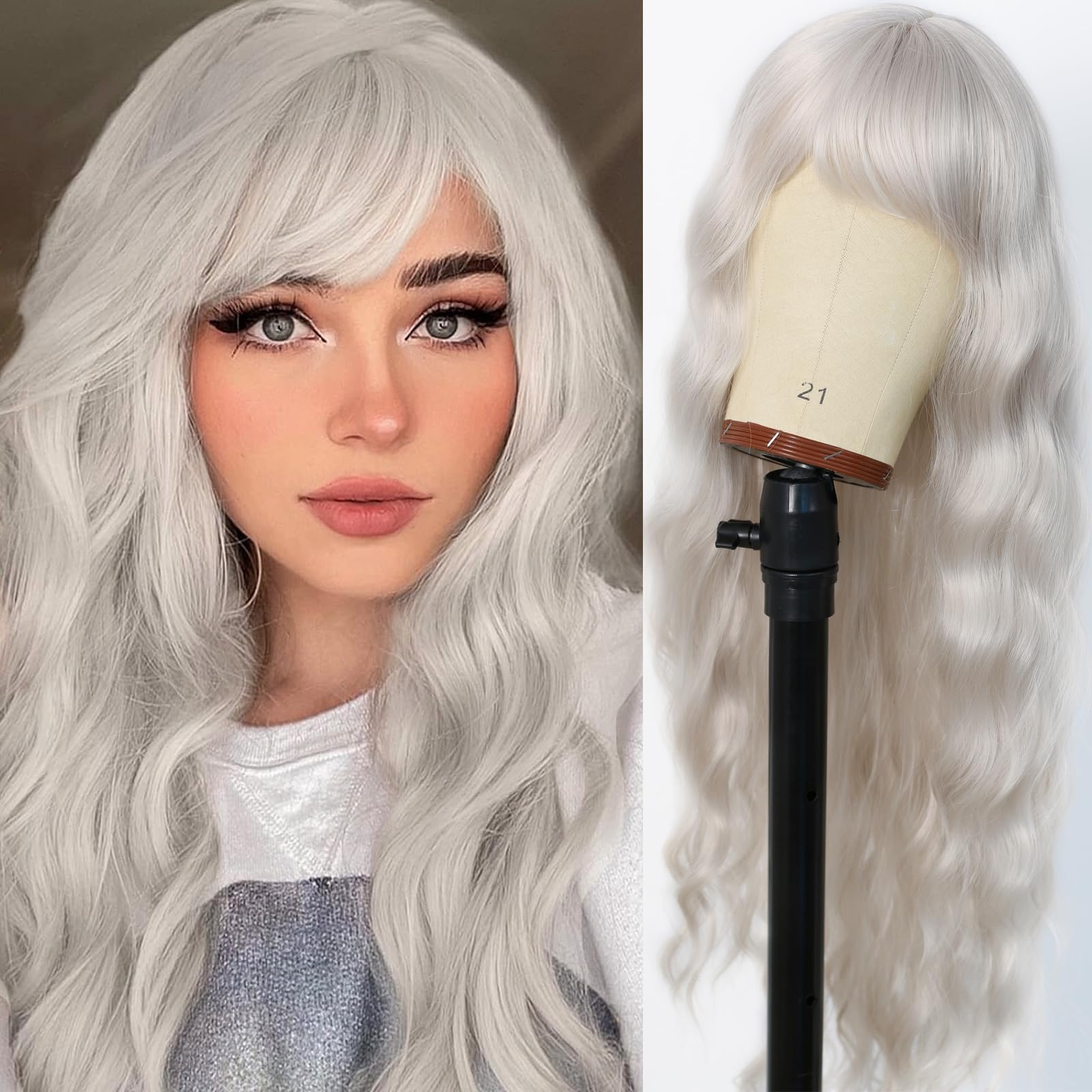 Amazon.com: EVLYNN Silver Gray Wig with Bangs Grey Wigs for  display picture 1