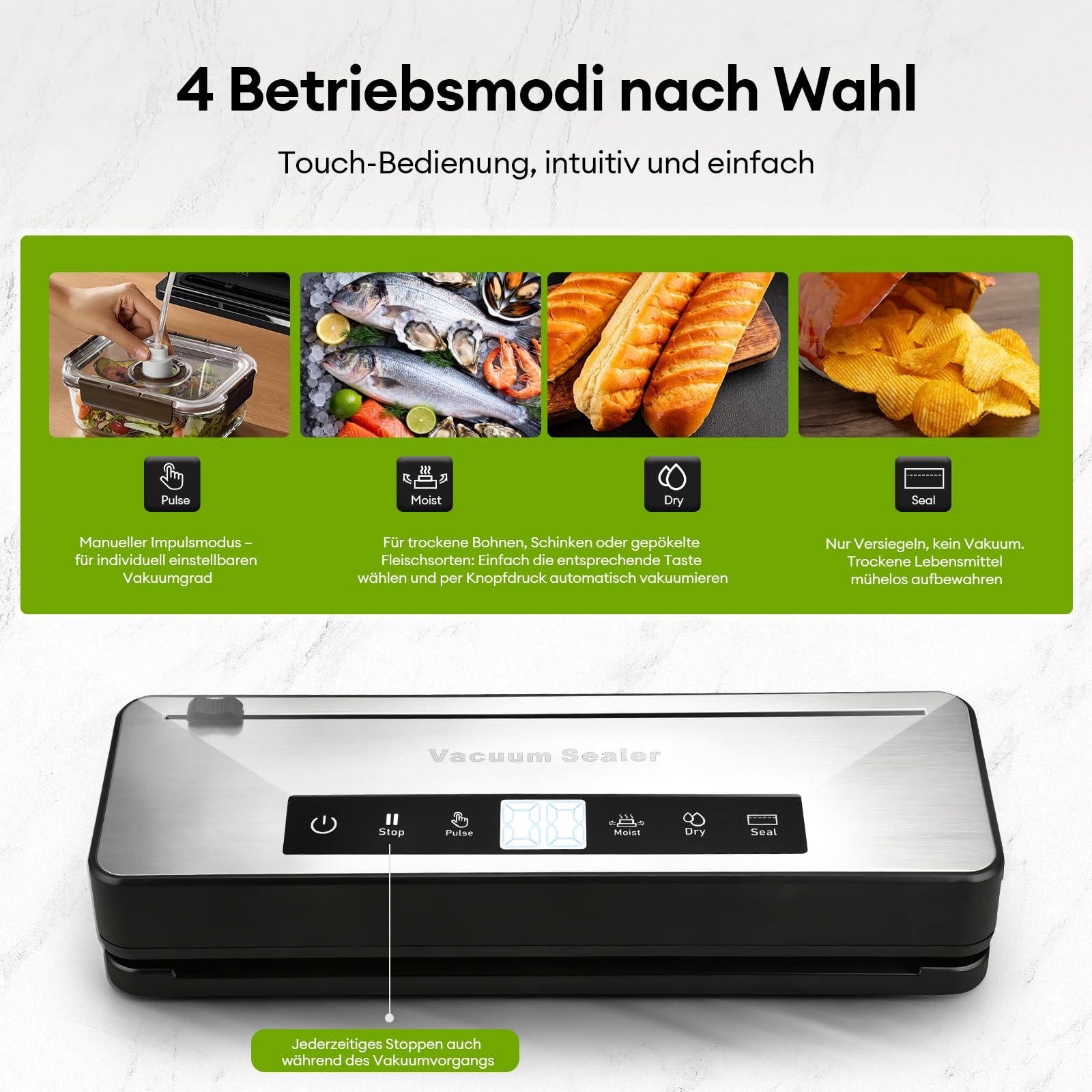 Vakuumiergerät 4-in-1 für Lebensmittel mit Pulsfunktion, Trocken & Feucht Modus