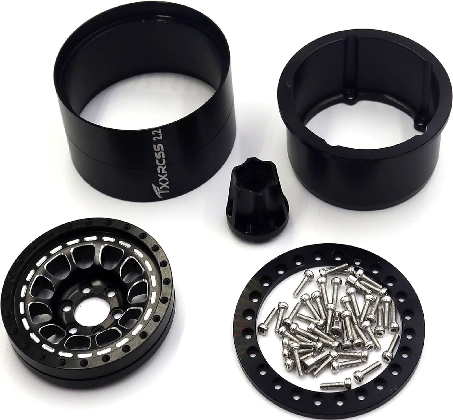 RC 2.2 Aluminum Alloy Beadlock Wheels and Tires Upgrades Accessories Rims for 1/10 SCX10 TRX4RC4WD and D90 RC Crawler Axial Remote Control Car (4pc) (Black)