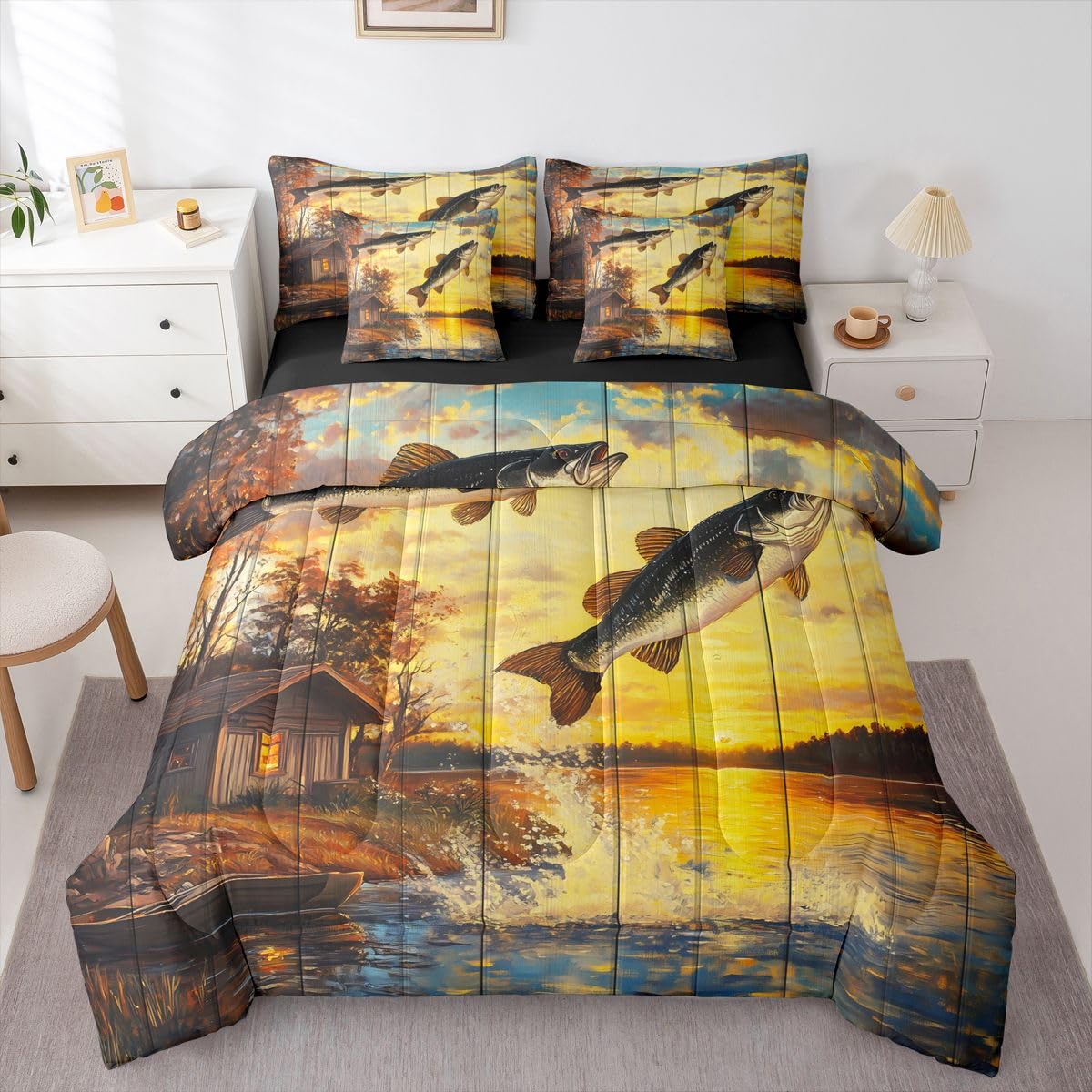 Erosebridal Fishing and Hunting Yellow Full Comforter Set 7 Pieces