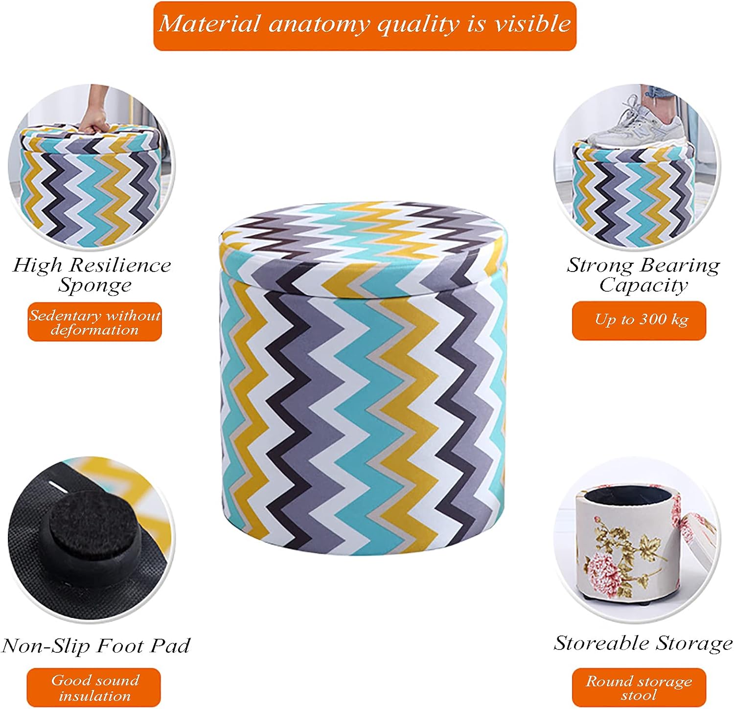 Storage Round Pouffe Stool,Ottoman Footstool,Dressing Table Change Shoe Footrest Removable Lid for Living Room Bedroom (Red Curve-L)/Khaki-L