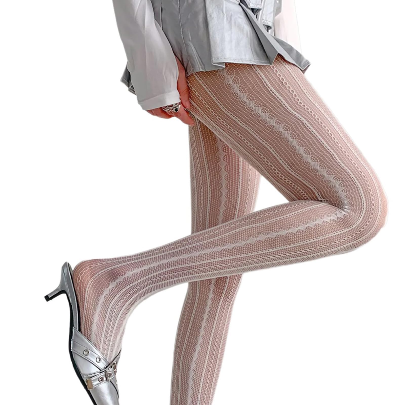 Yibozi Women's Milky White Hollowed Out Lace Tights Geometric Striped Patterned Fishnet Pantyhose For