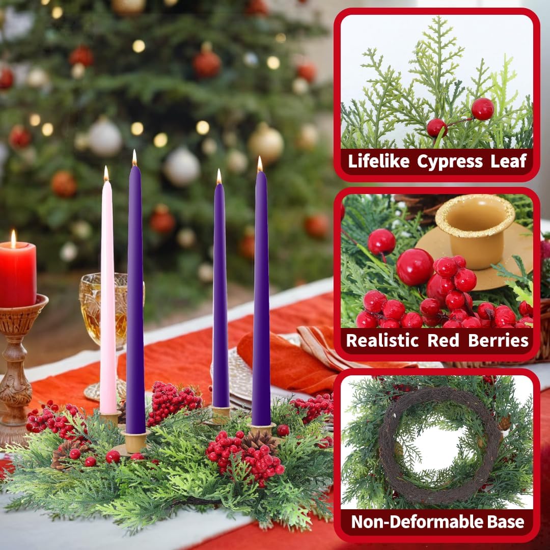 Seasons Christmas Candle Holder Wreath, 18 inch Advent Centerpiece Decor, Candle Wreath Decorations for Table Indoor Home & Church