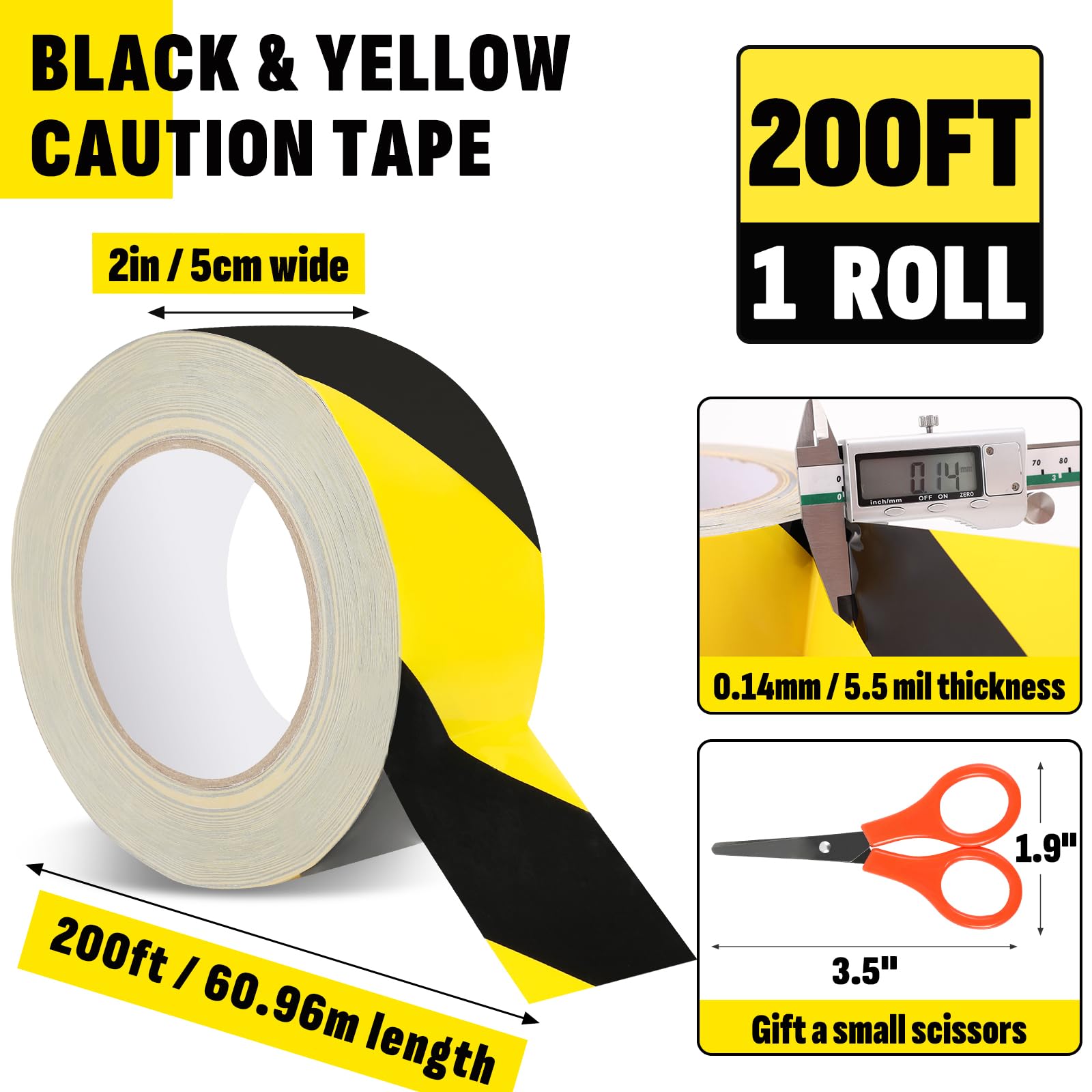 NUITPY 2'' x 200 FT Black & Yellow Caution Tape Roll, Safety
